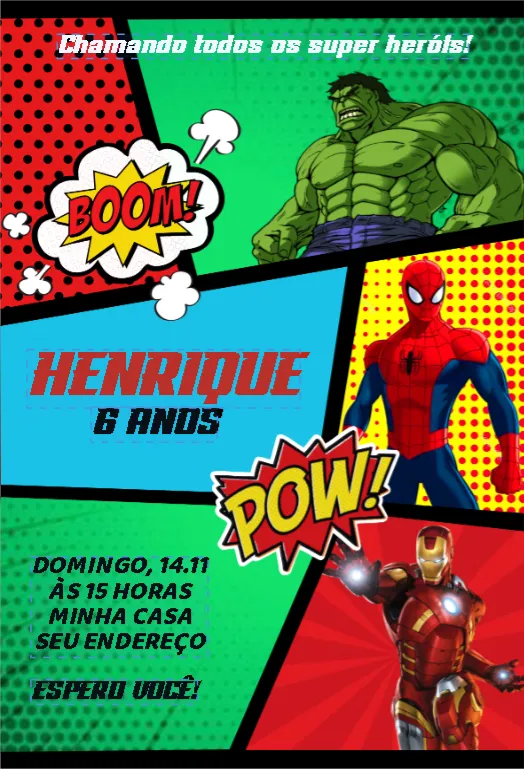 Convite Convite de Aniversário Super Heróis Vingadores Comic editável e personalizável