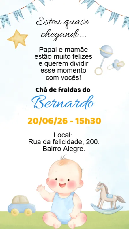 Convite Convite digital Chá de Bebê fraldas bebe menino azul editável e personalizável