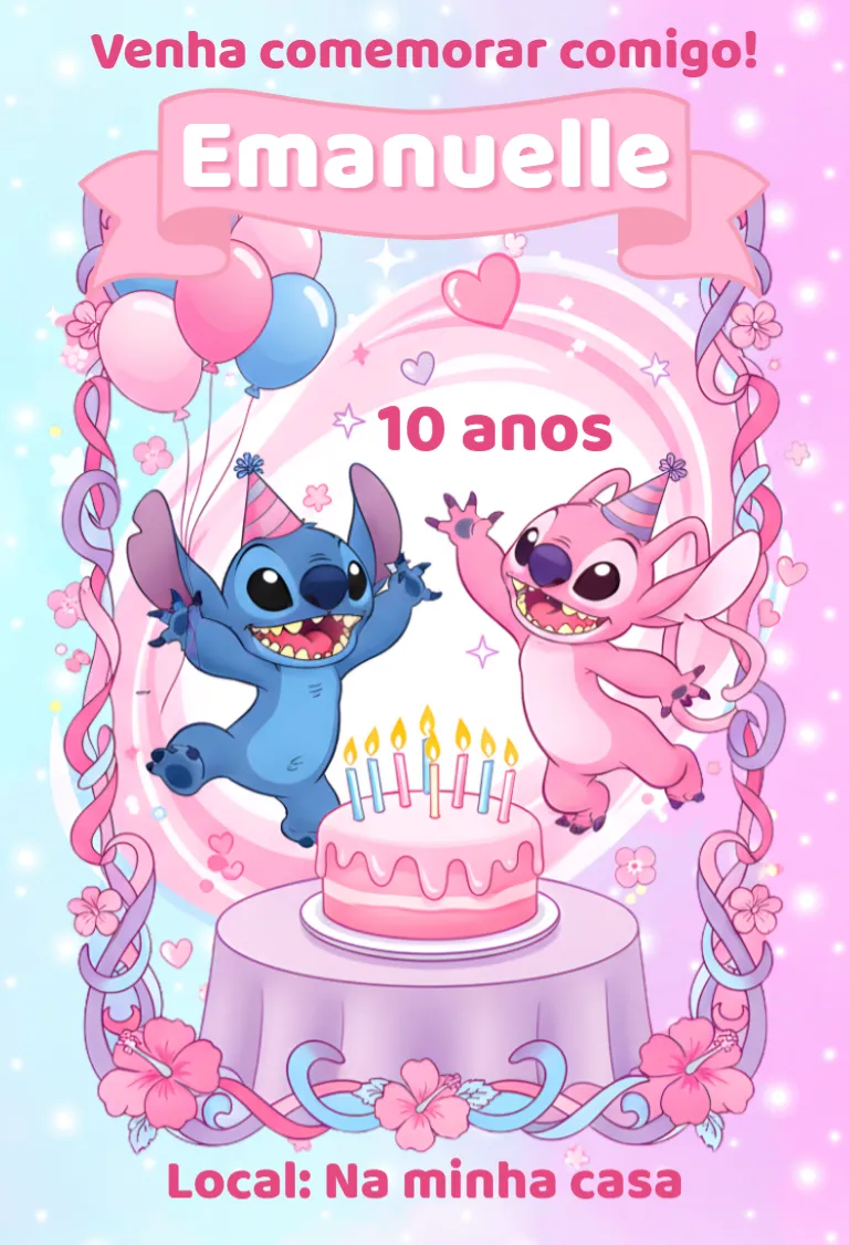 Convite Convite digital stitch e angel editável e personalizável