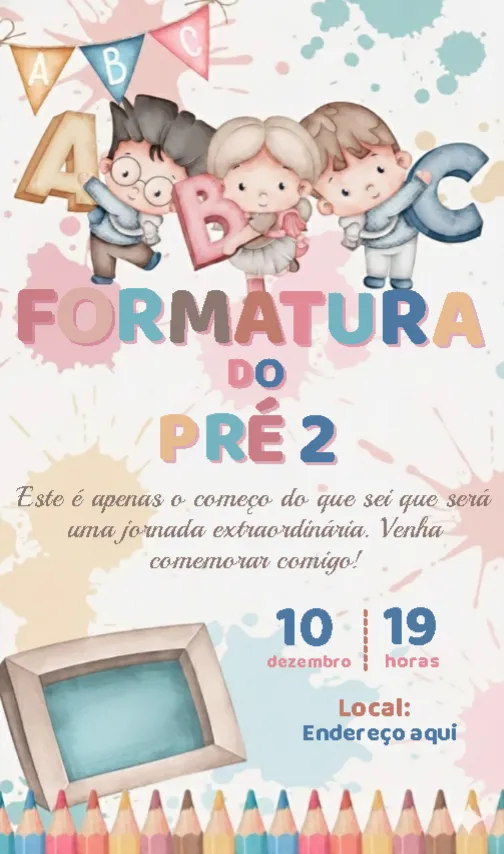 Convite Convite Formatura Infantil Aquarela editável e personalizável