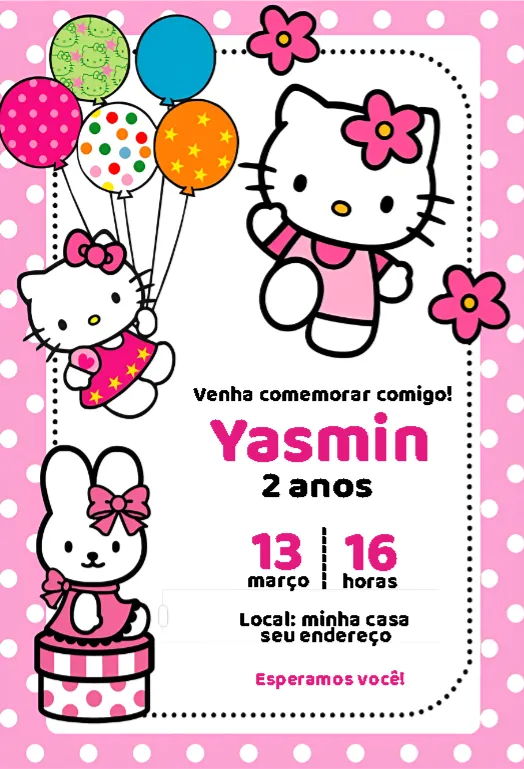 Convite Convite Hello Kitty Balões editável e personalizável