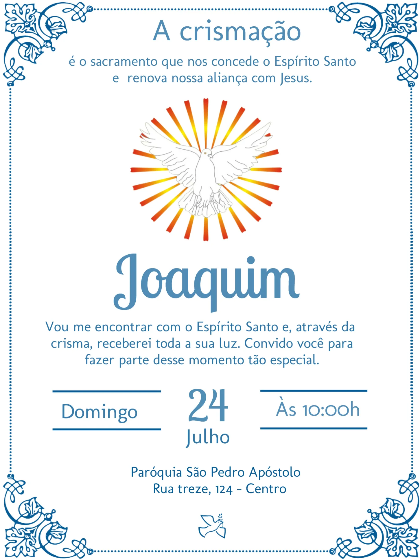 Convite Crisma Espírito Santo Batizado editável e personalizável