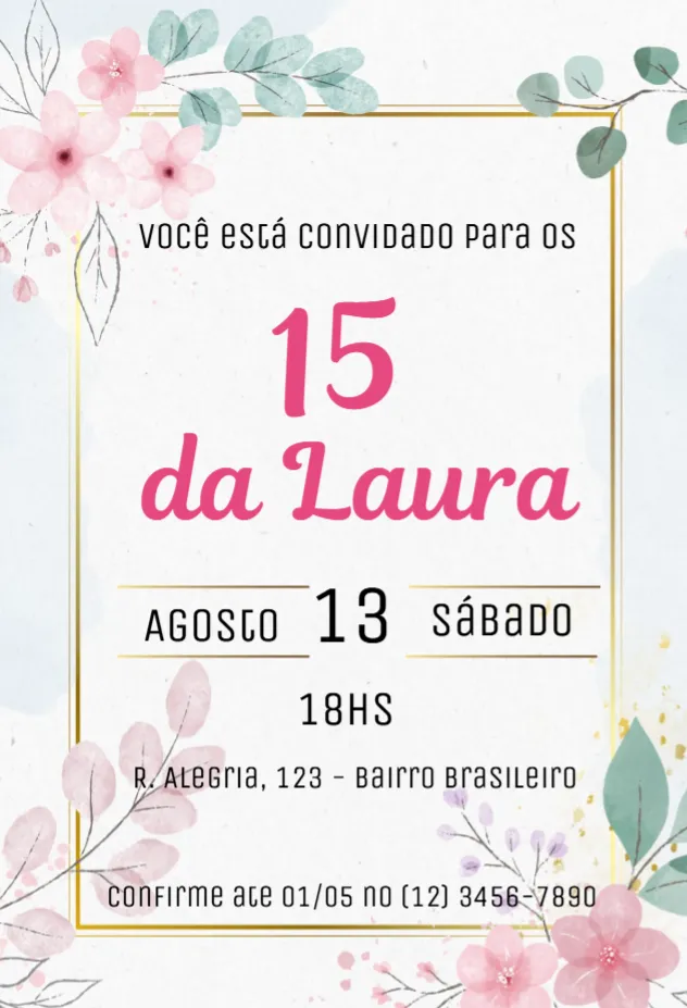 Convite Debutante 15 anos floral editável e personalizável