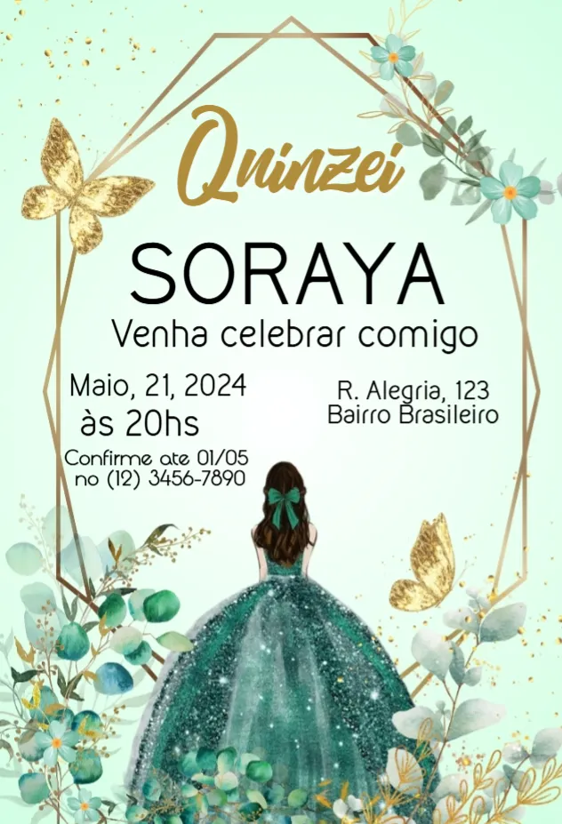 Convite Debutante 15 anos Floral Gold e Verde editável e personalizável