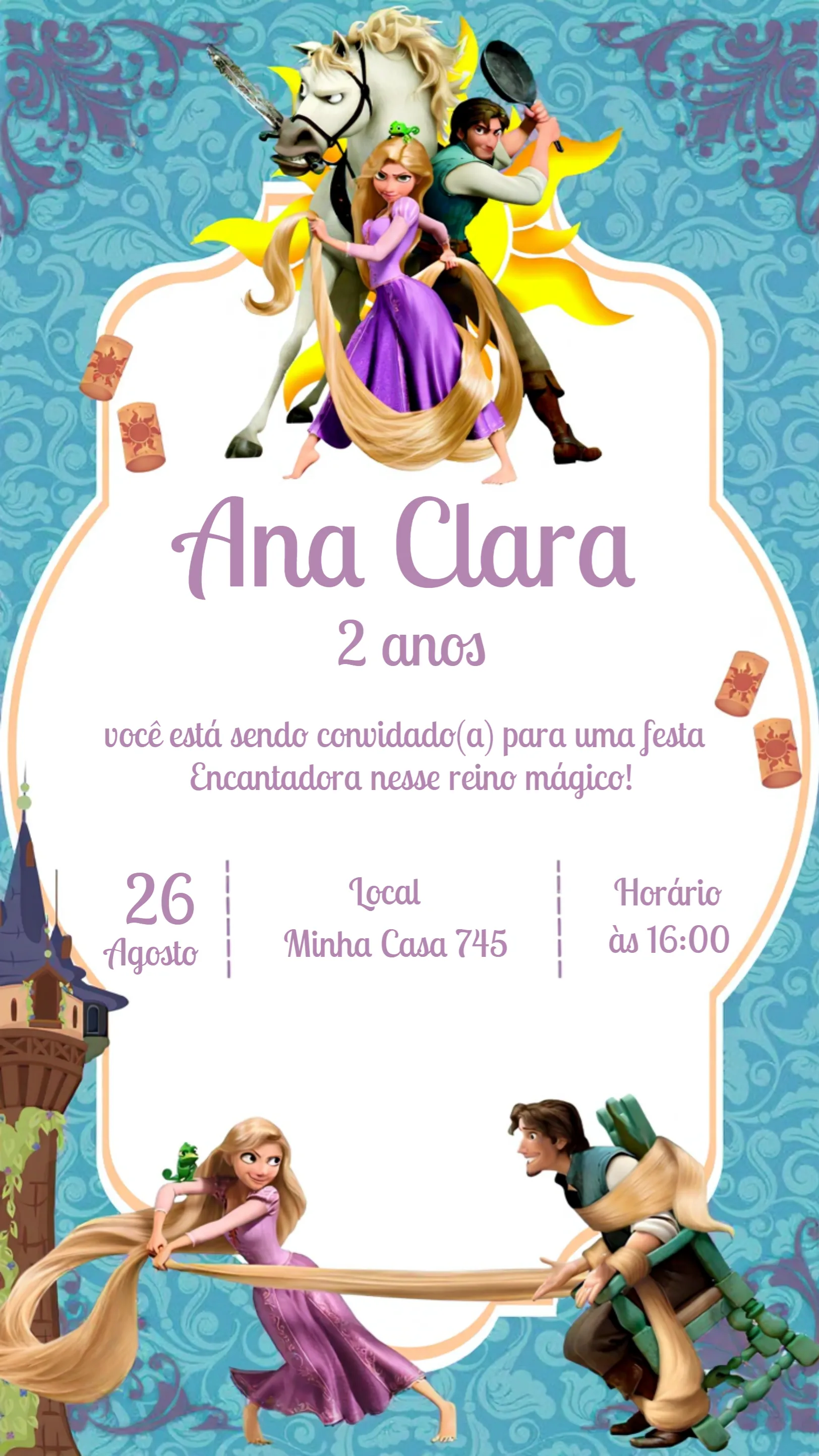 Convite Enrolados Rapunzel para aniversário infantil