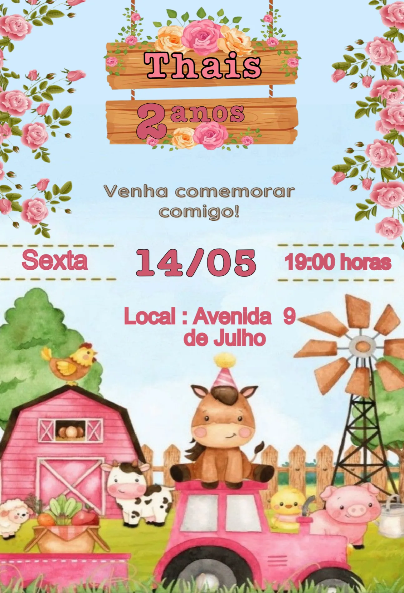 Convite Fazendinha editável e personalizável