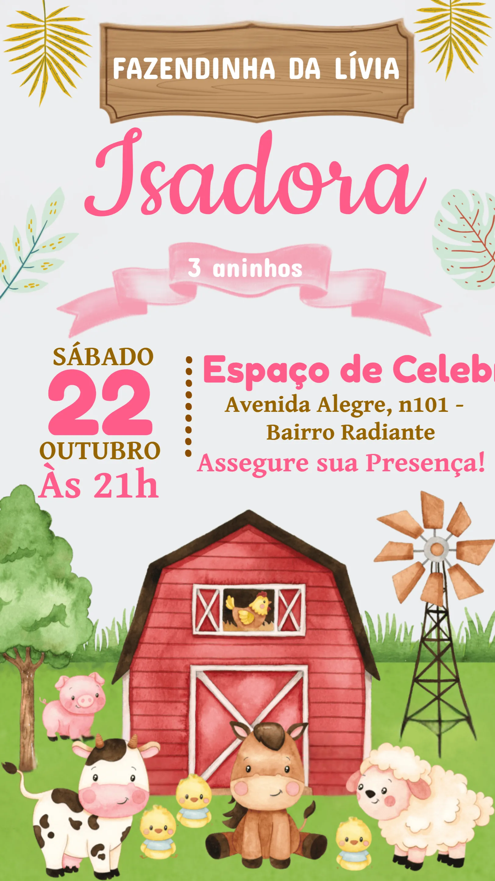 Convite Fazendinha Menina Aquarela editável e personalizável