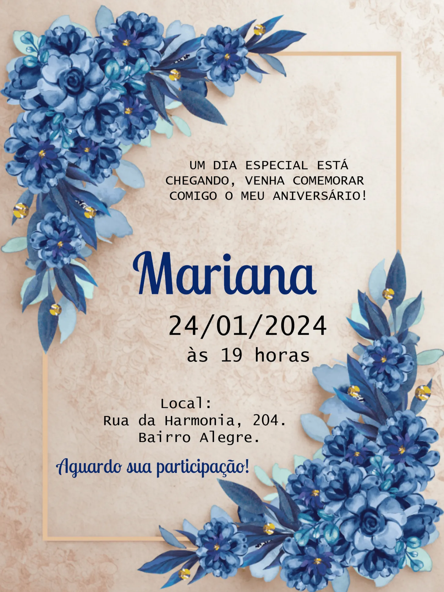 Convite Floral Azul Dourado para aniversário