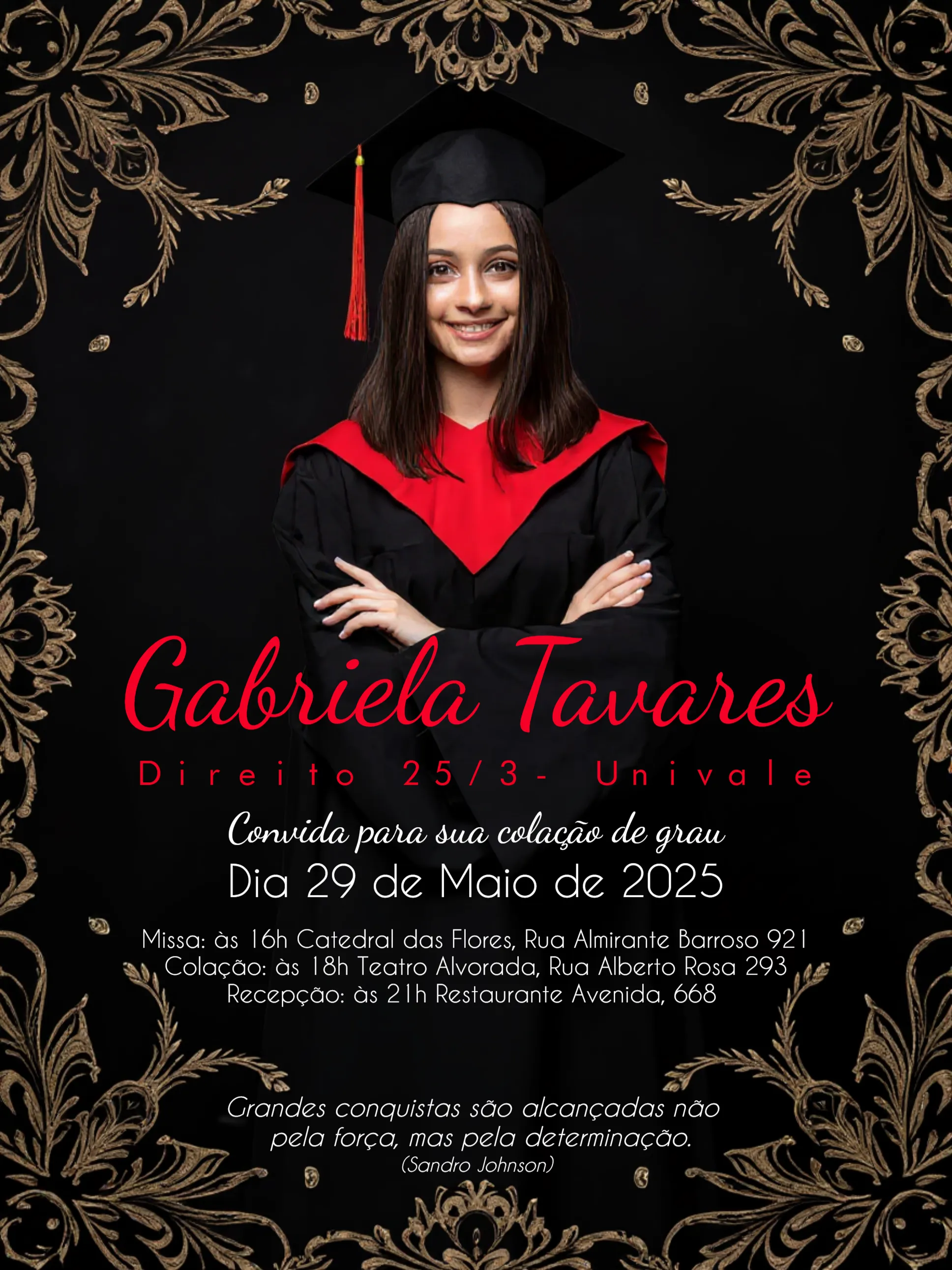 Convite Formatura Direito Com Foto Vermelho editável e personalizável