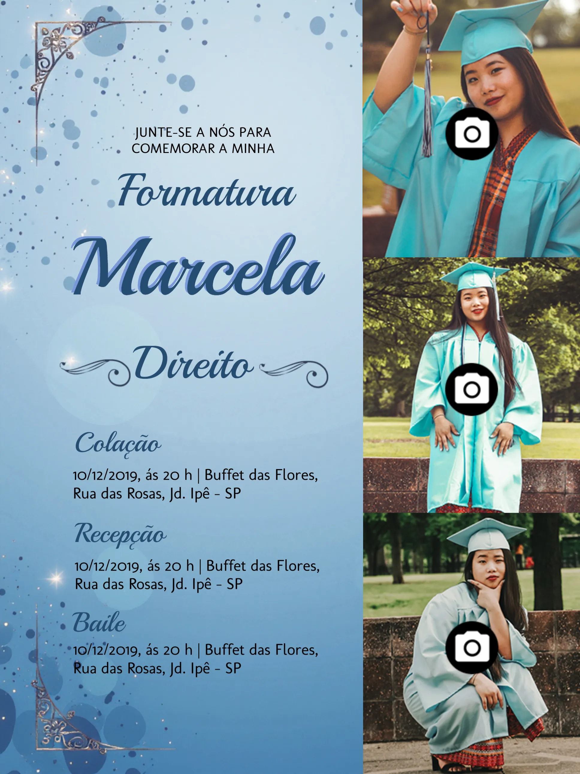 Convite Formatura Em Direito Com Fotos Azul editável e personalizável