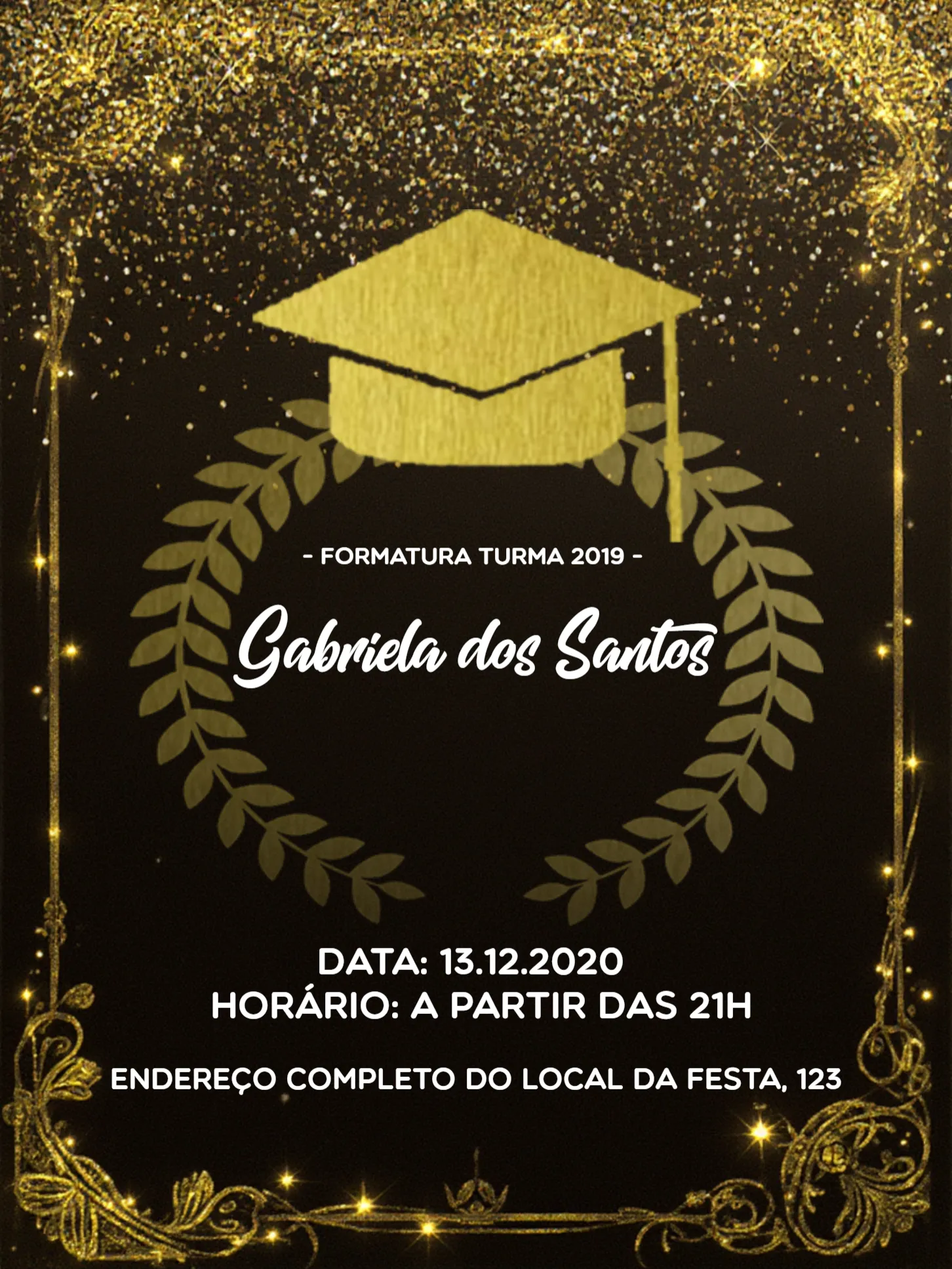 Convite Formatura Dourado editável e personalizável