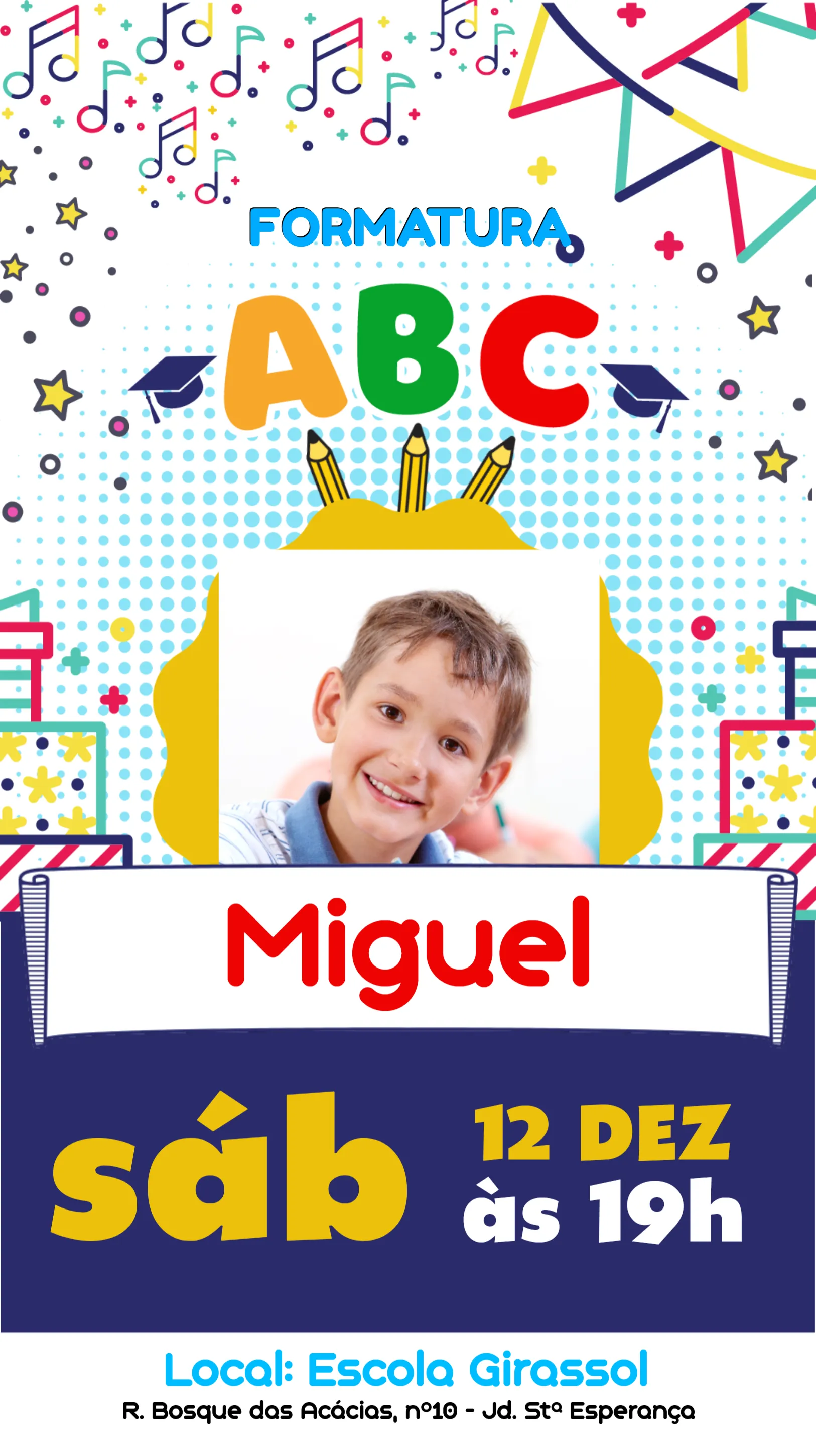 Convite Formatura Infantil Com Foto Festa editável e personalizável