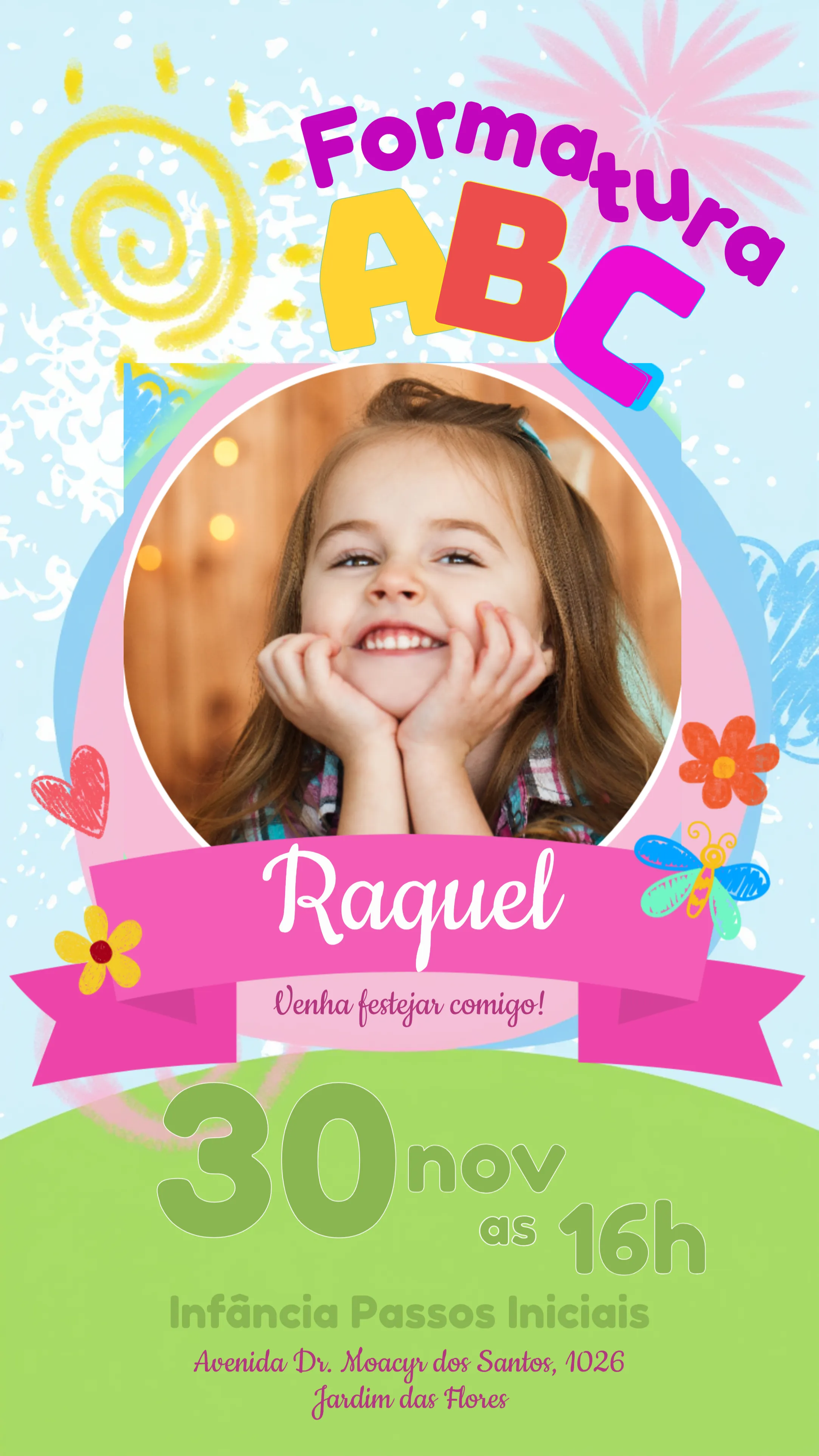 Convite Formatura Infantil Com Foto Rosa editável e personalizável