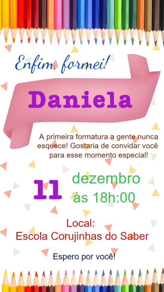 Convite Formatura Menina editável e personalizável