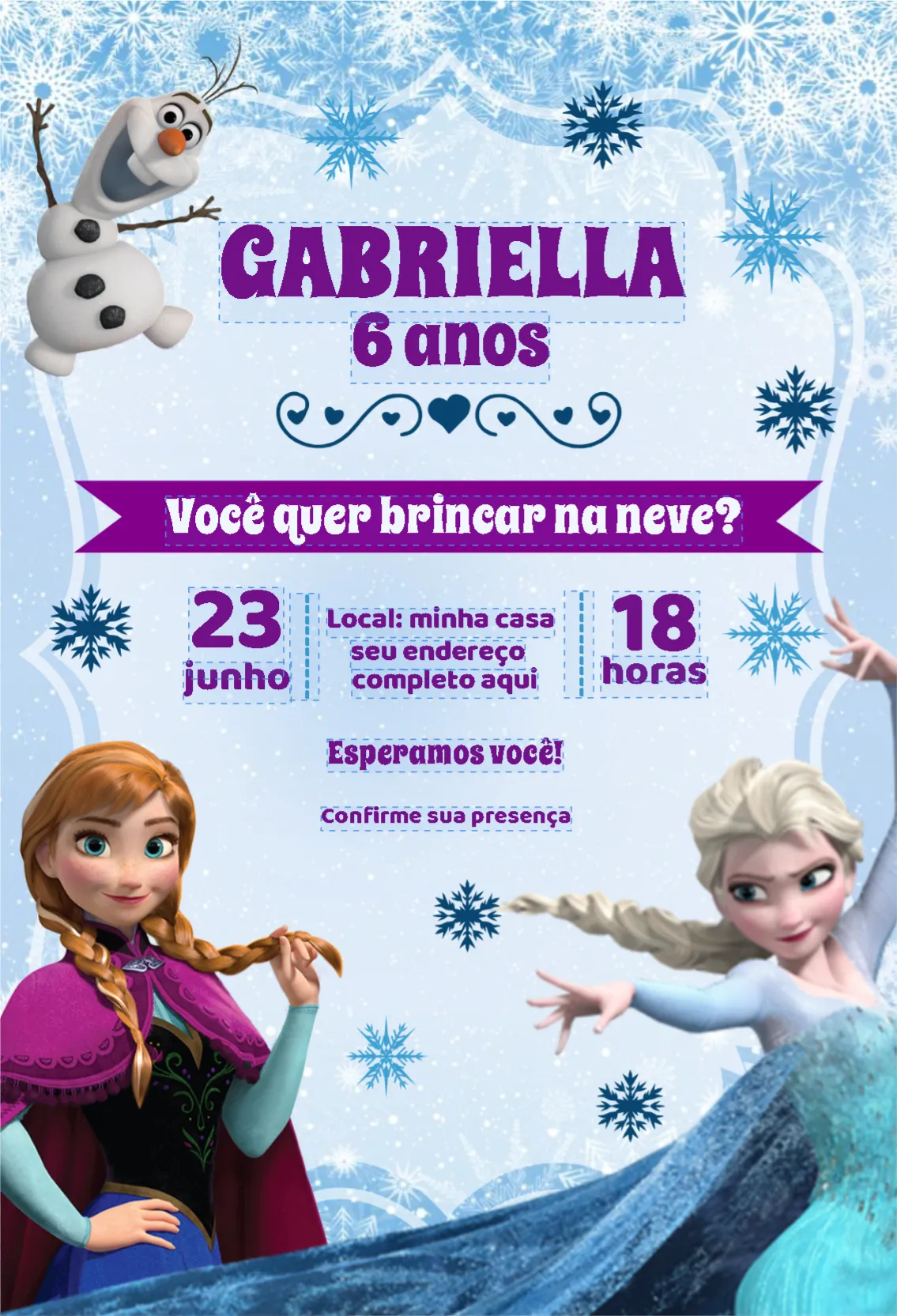 Convite Frozen Neve editável e personalizável