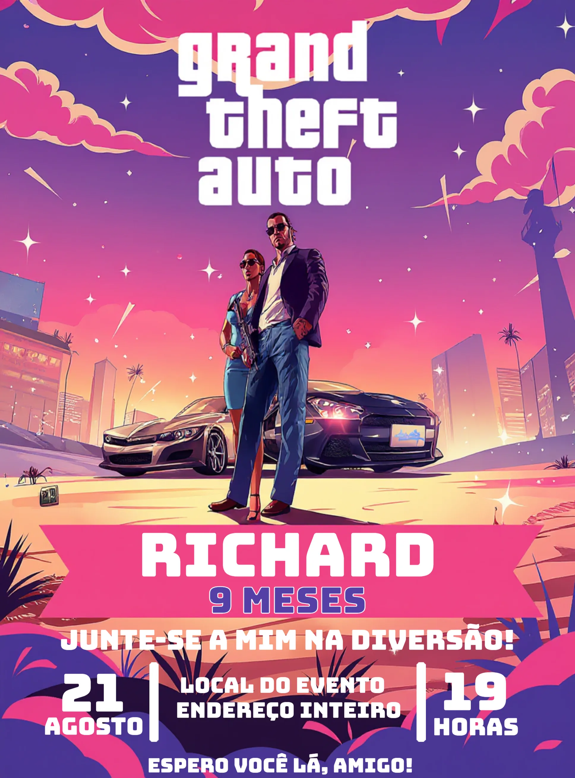 Convite Gta Grand Theft Auto 6 Rosa para aniversário