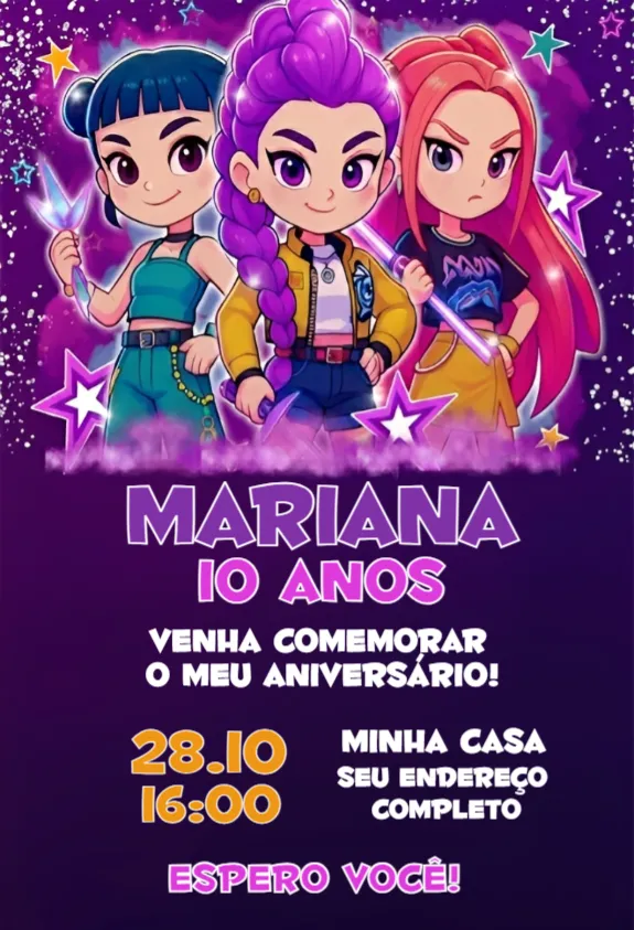 Convite Guerreiras do Kpop HUNTR/X editável e personalizável