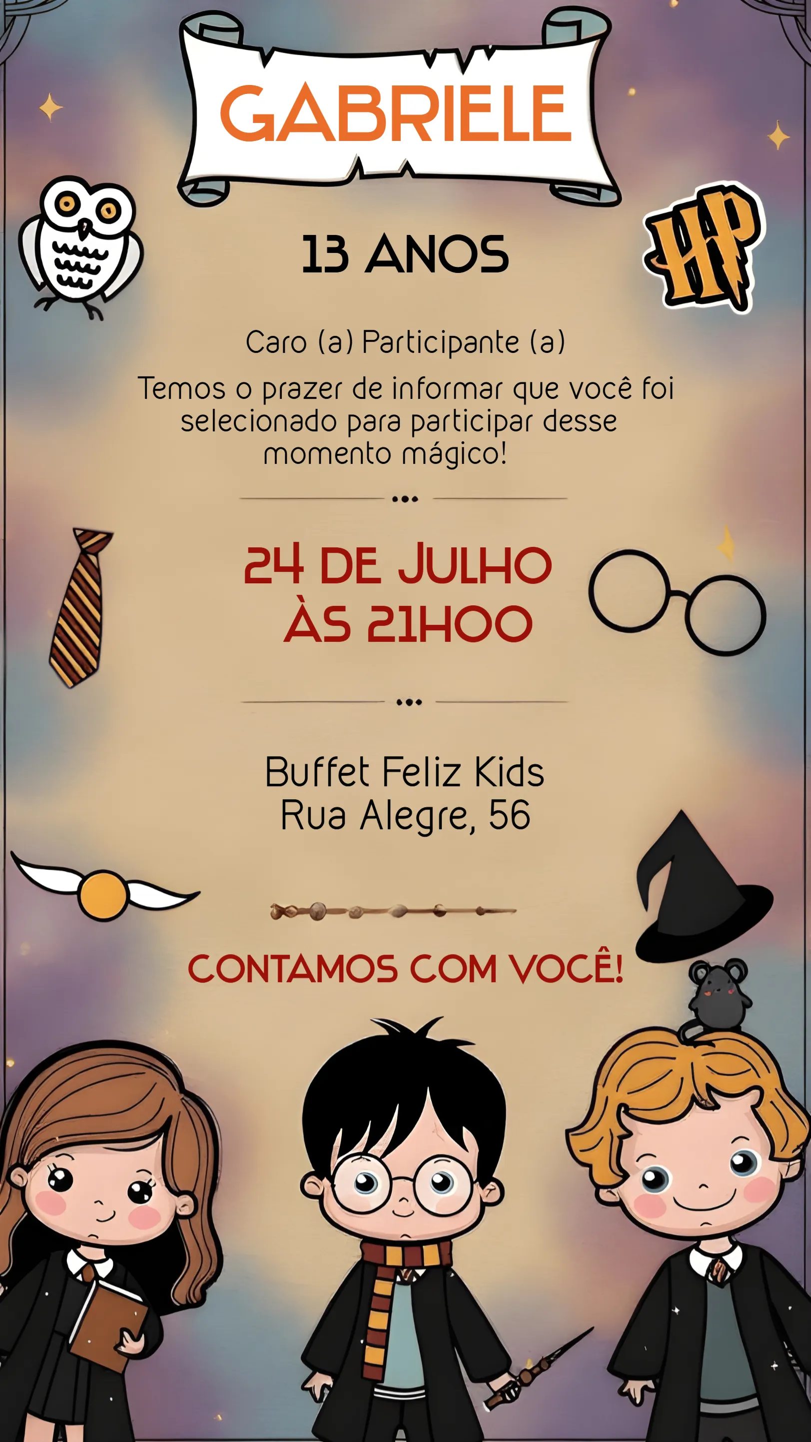 Convite Harry Potter Hermione para aniversário infantil