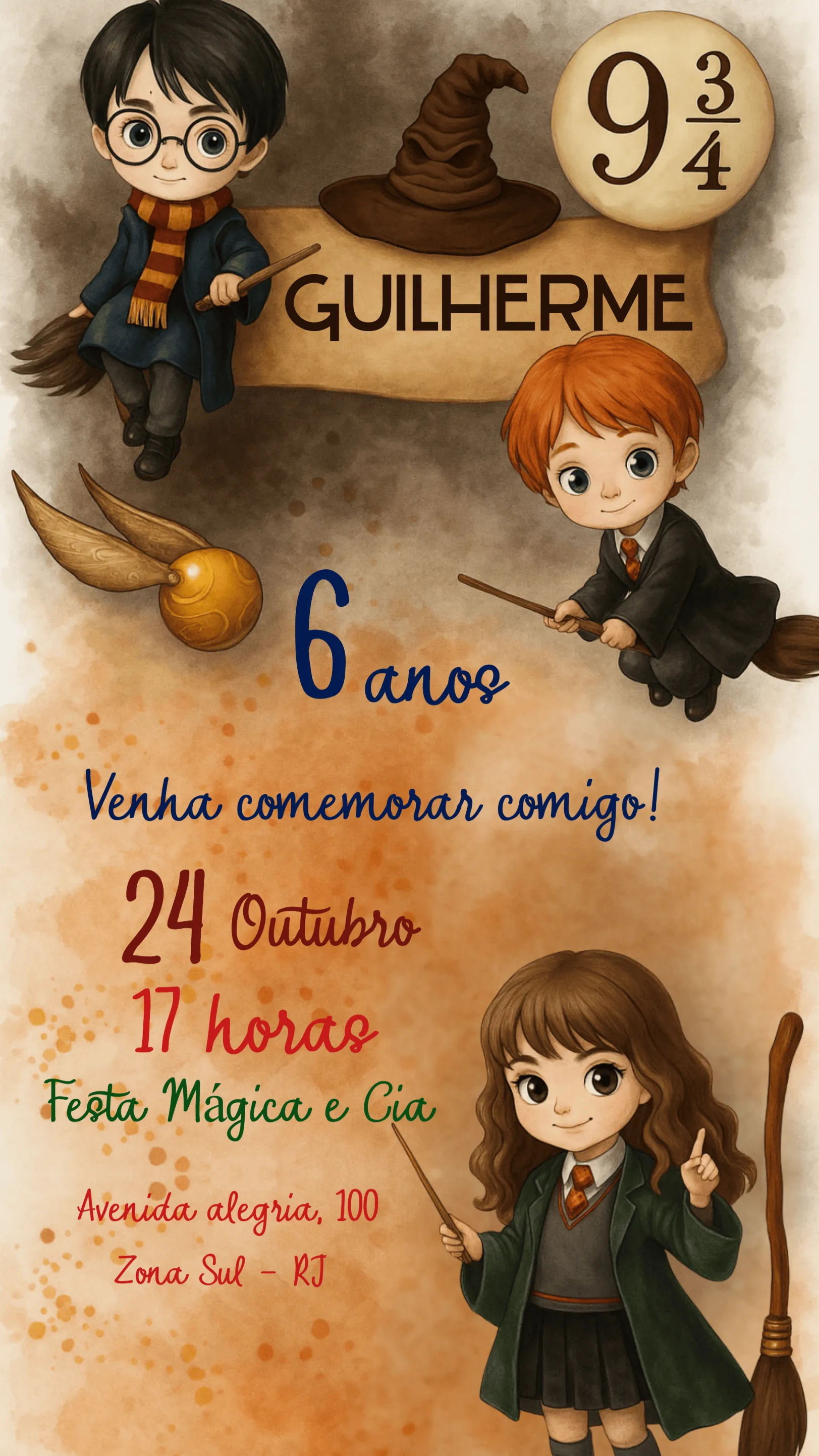 Convite Harry Potter Infantil editável e personalizável