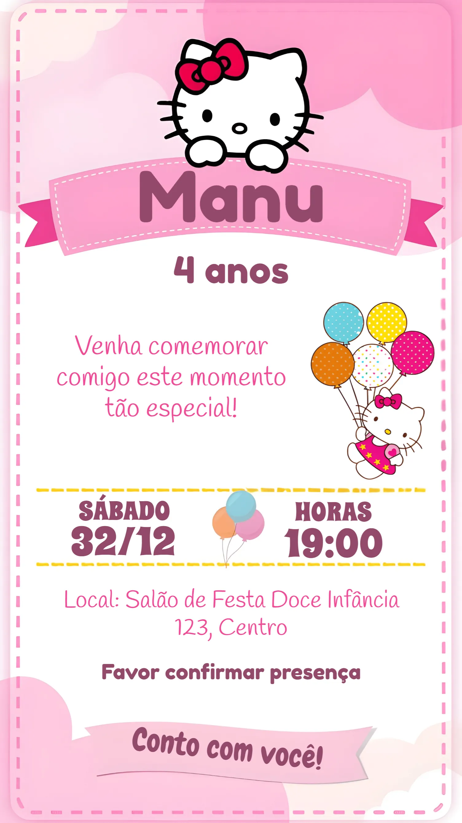 Convite Hello Kitty Infantil editável e personalizável