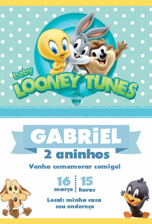 Convite Looney Tunes Baby Azul editável e personalizável