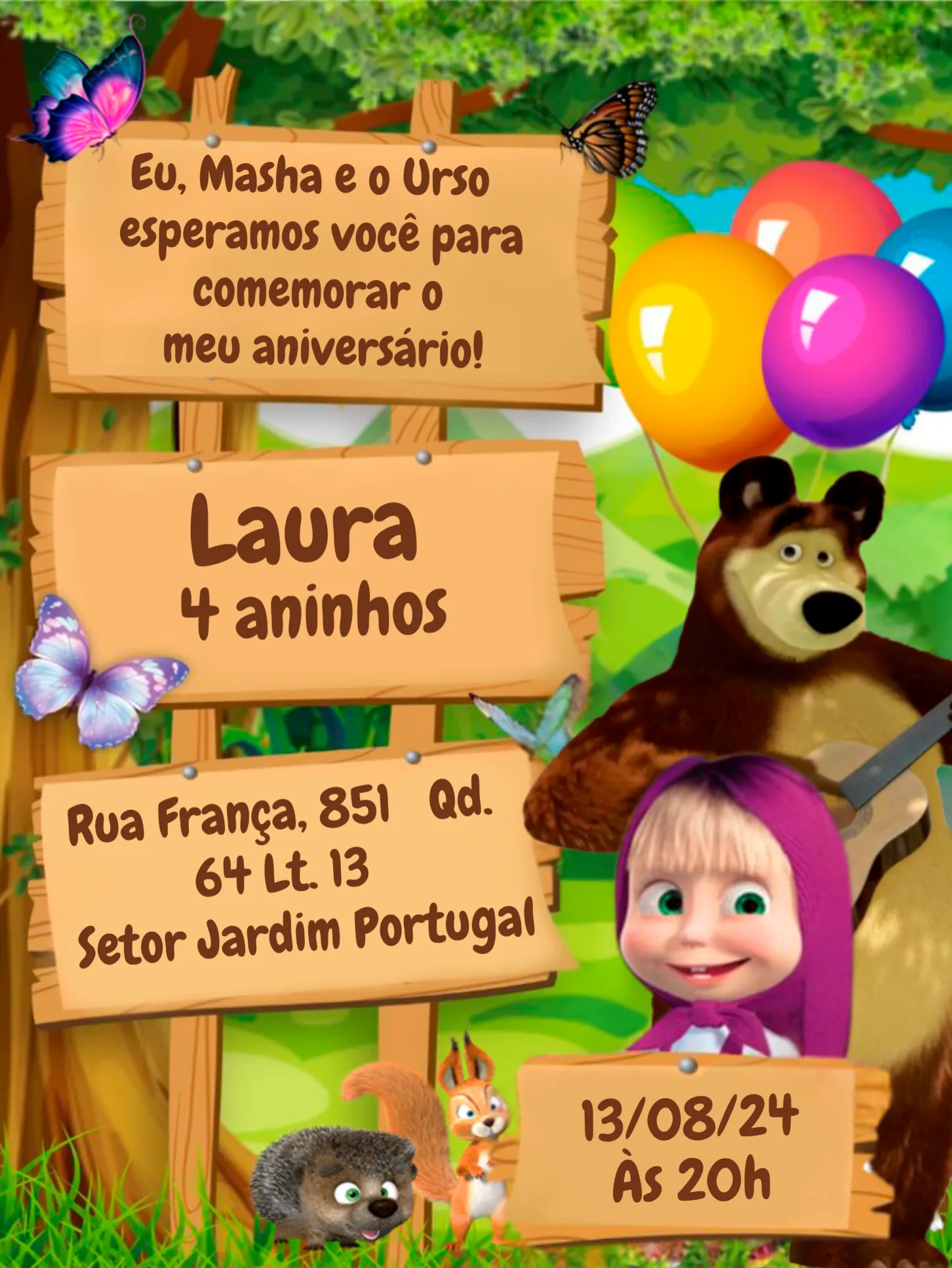 Convite Masha E O Urso Colorido editável e personalizável