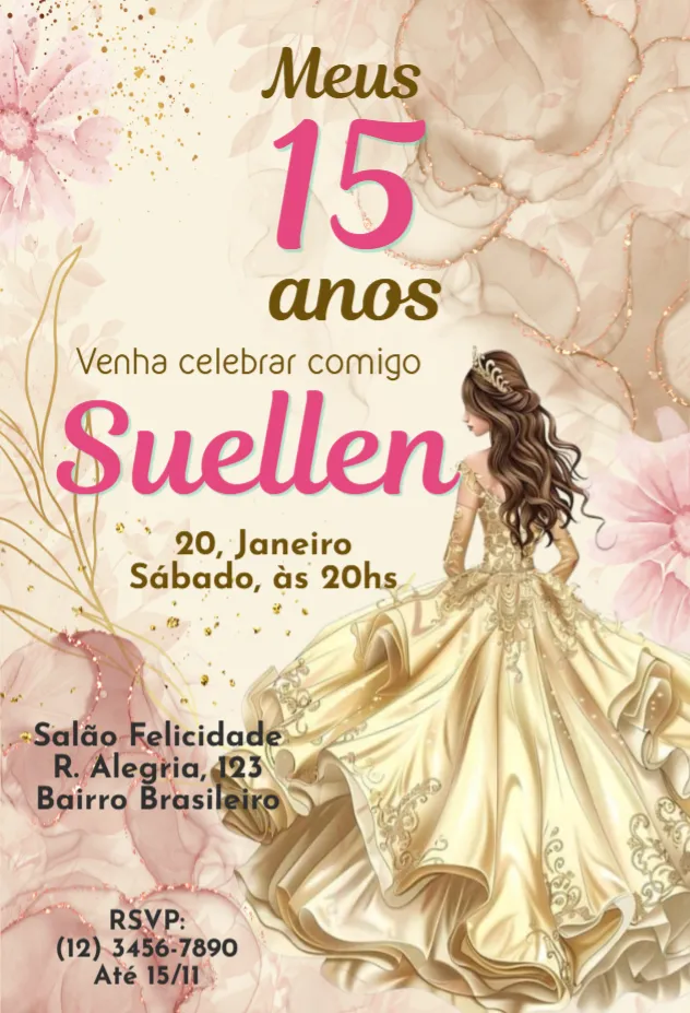 Convite Meus 15 anos Gold Rose editável e personalizável
