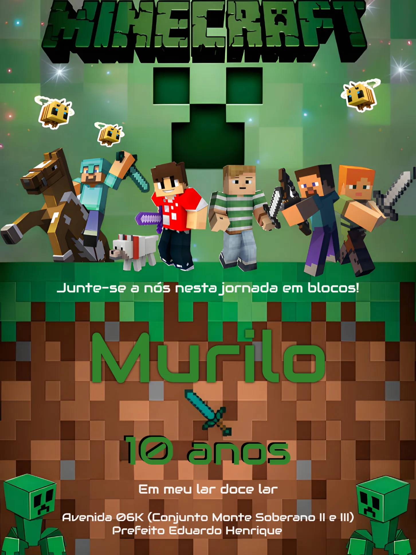 Convite Minecraft editável e personalizável