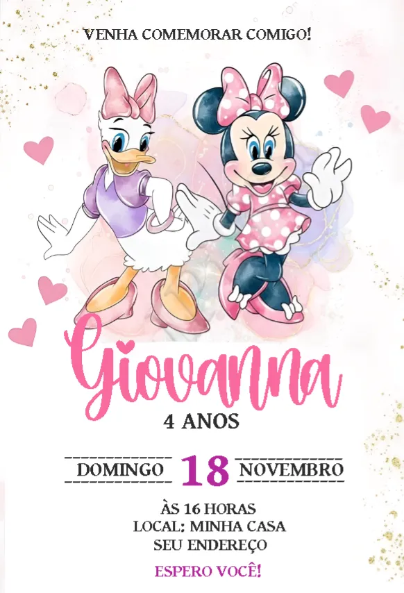Convite Minnie e Margarda Aquarela editável e personalizável