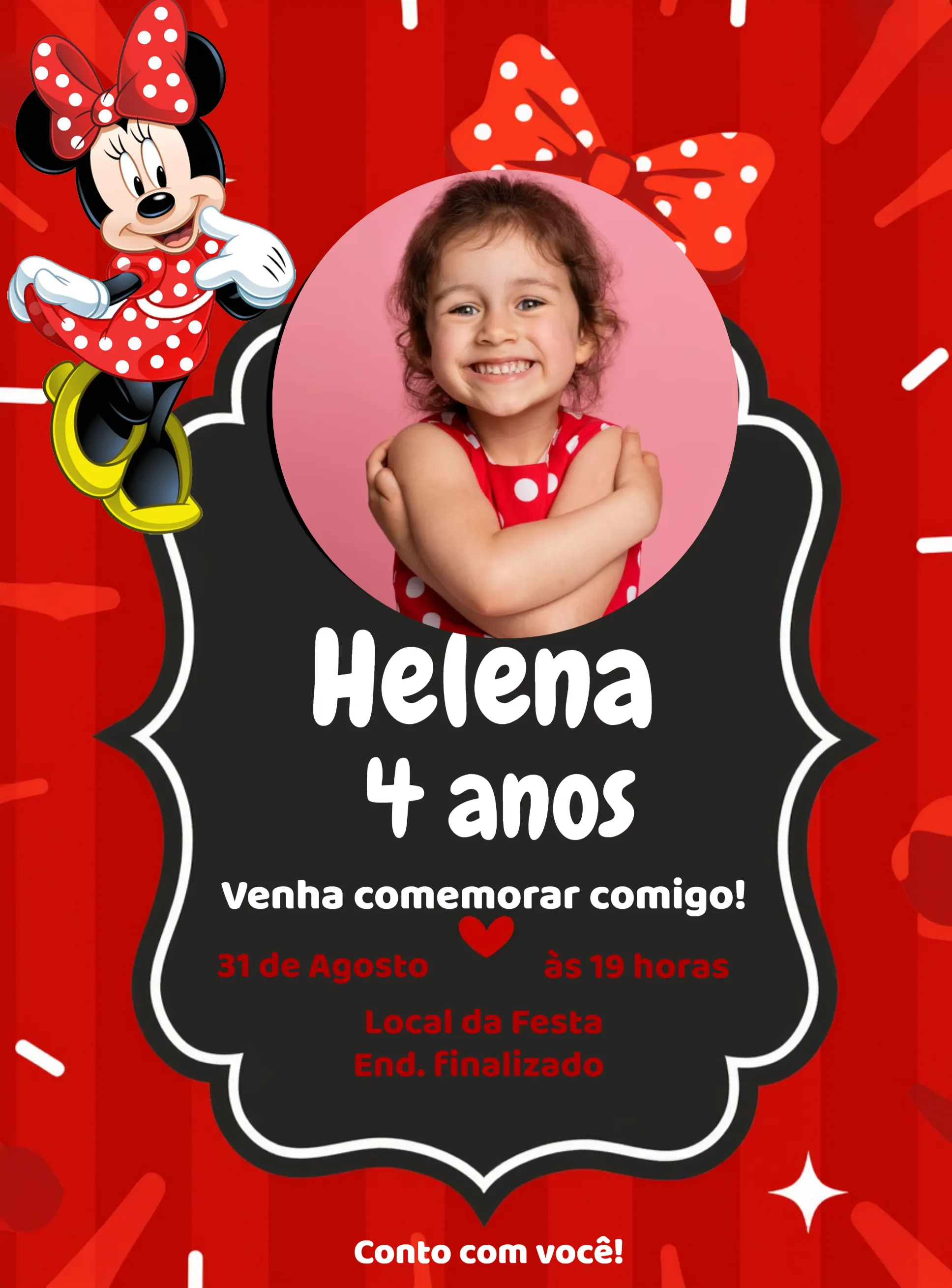 Convite Digital Minnie Mouse Com Foto Laço - Mais Pesquisados | Convitede, image size:1936x2619
