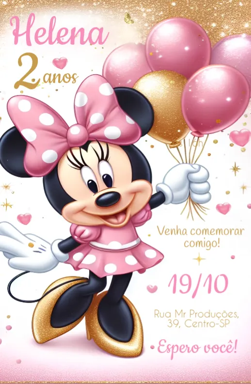 Convite Minnie Mouse Glitter editável e personalizável