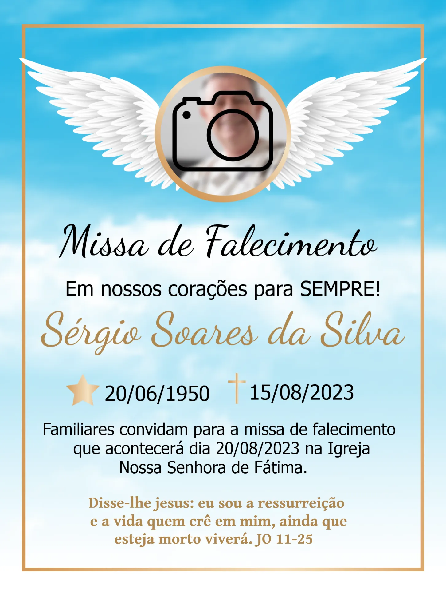Convite Missa De Sétimo Dia Com Foto Azul editável e personalizável