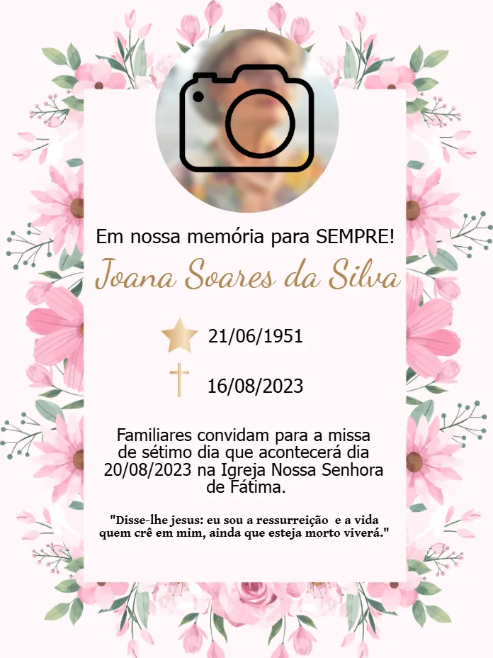 Convite Missa De Sétimo Dia Com Foto Falecimento editável e personalizável