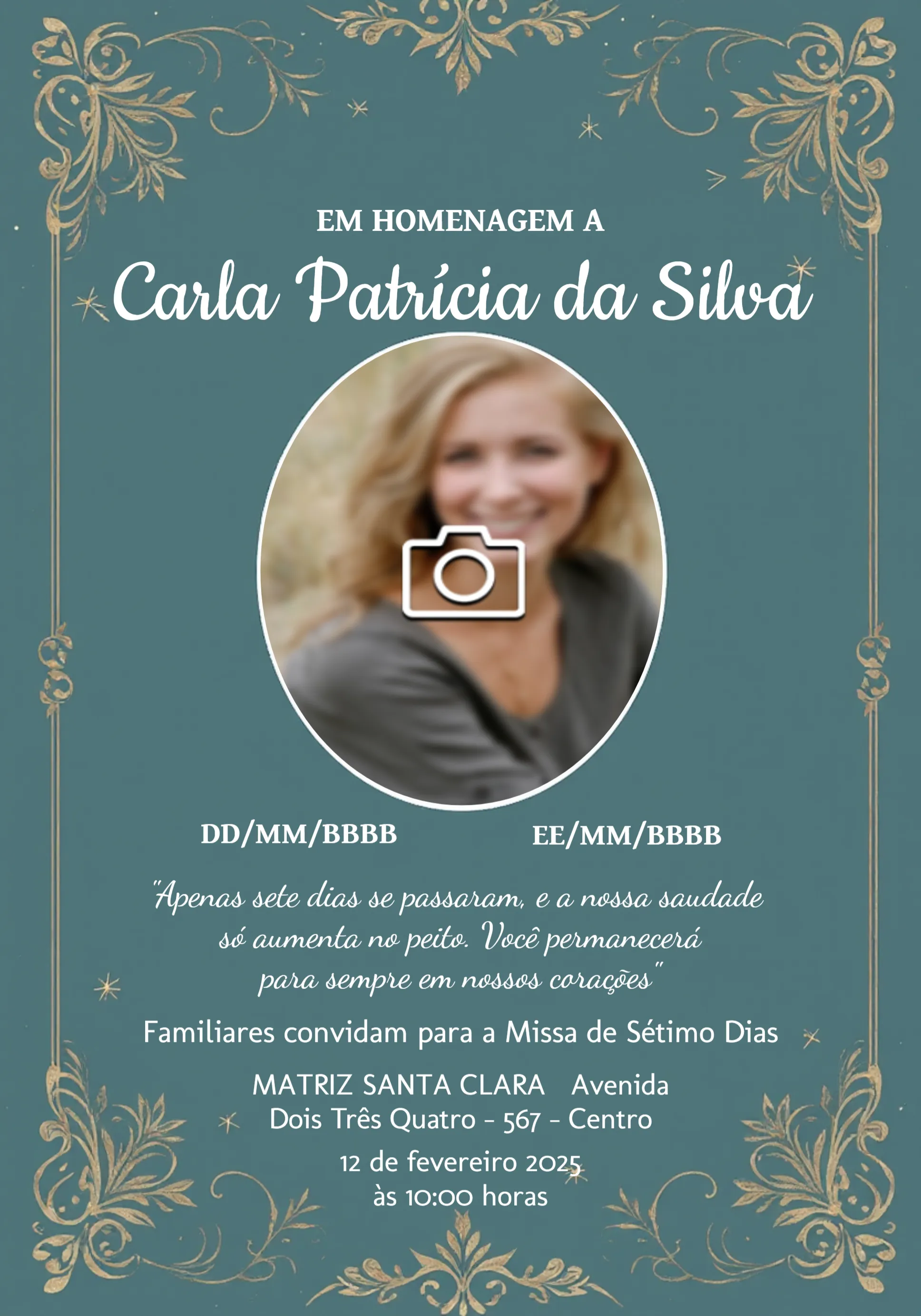 Convite Missa De Sétimo Dia Com Foto Luto editável e personalizável