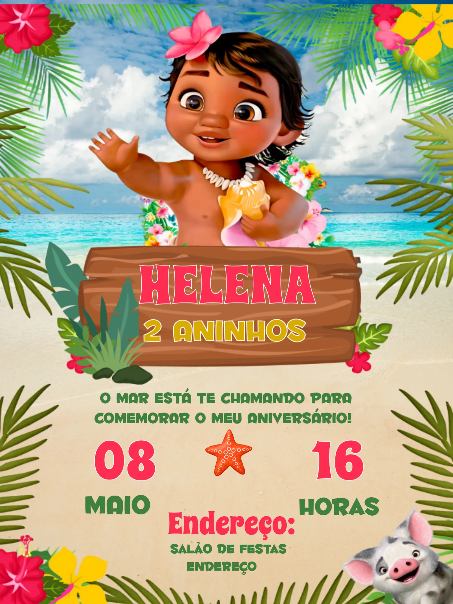 Convite Moana Baby Verde editável e personalizável