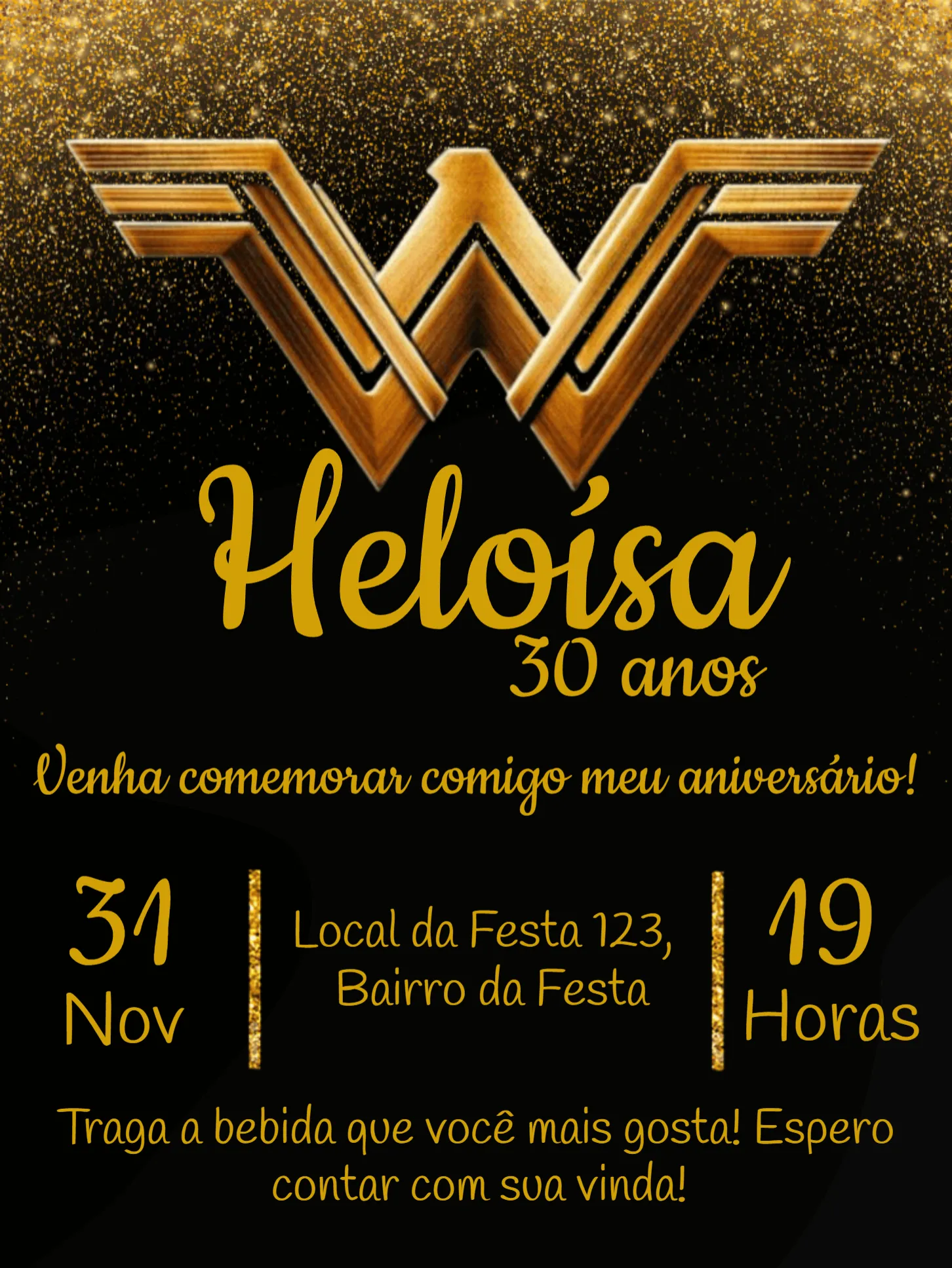 Convite Mulher Maravilha Confetes editável e personalizável