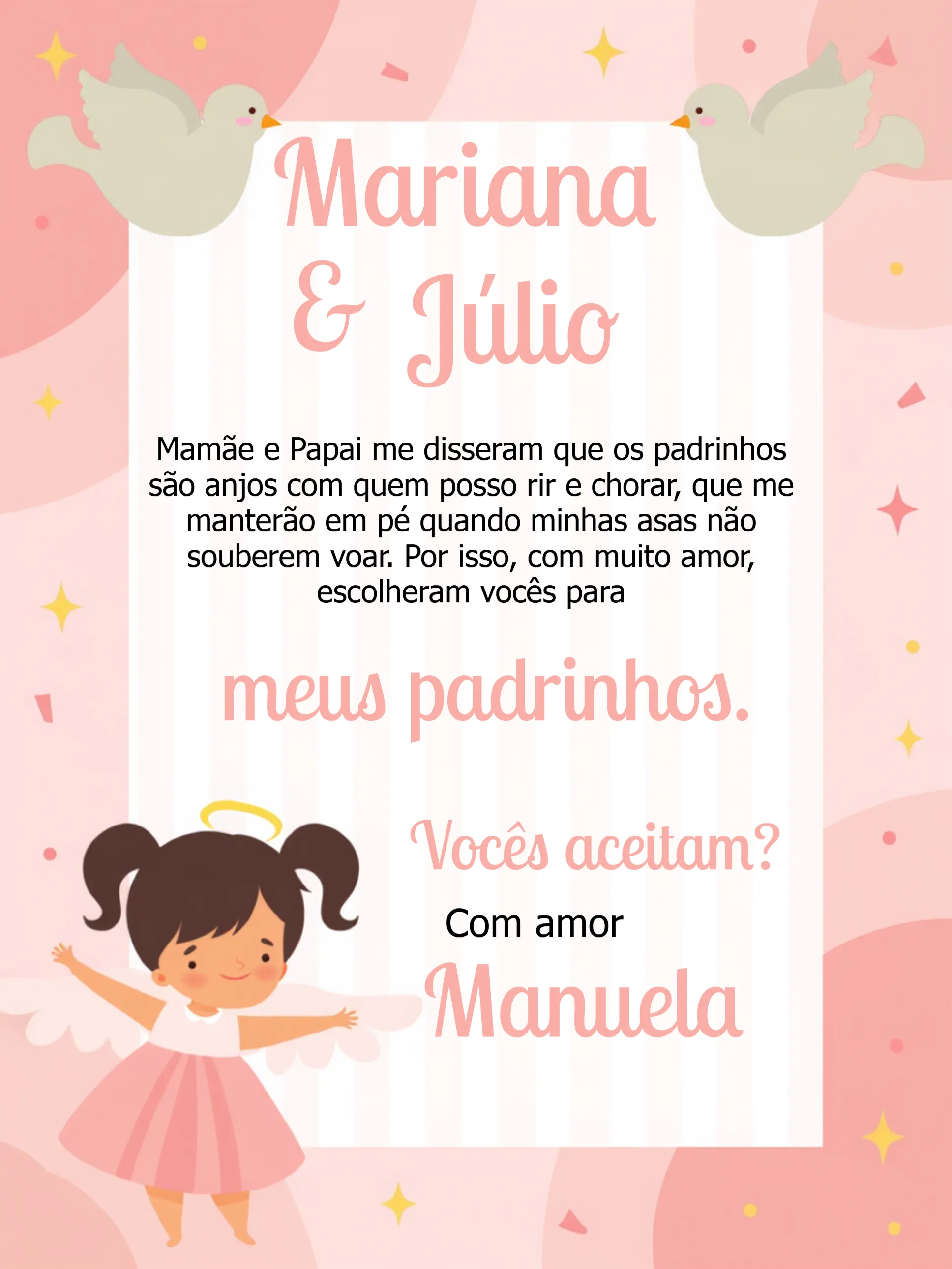 Convite Padrinhos De Batismo Batizado editável e personalizável