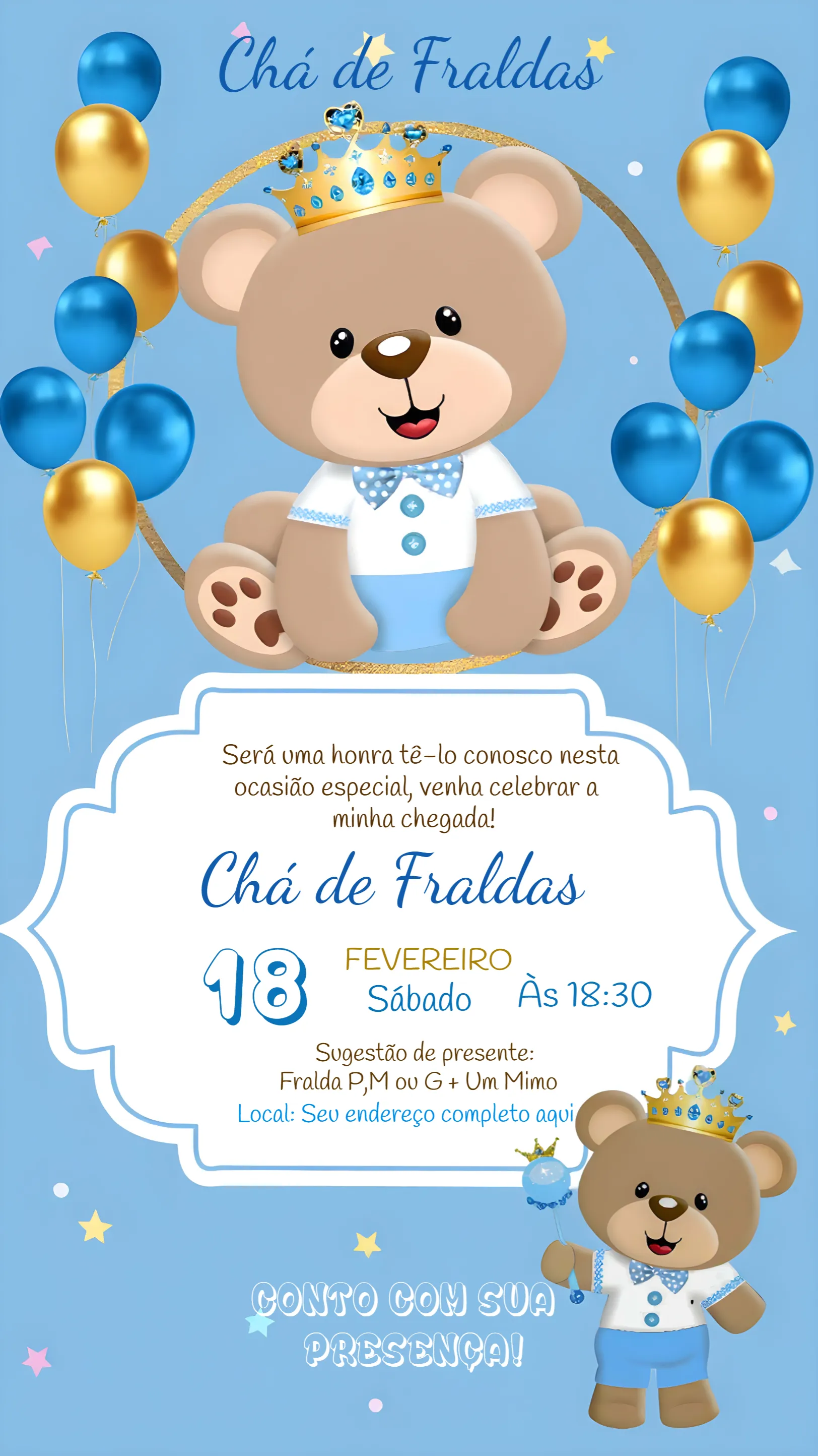 Convite Para Chá De Fraldas Ursinho Príncipe Azul para chá de fraldas