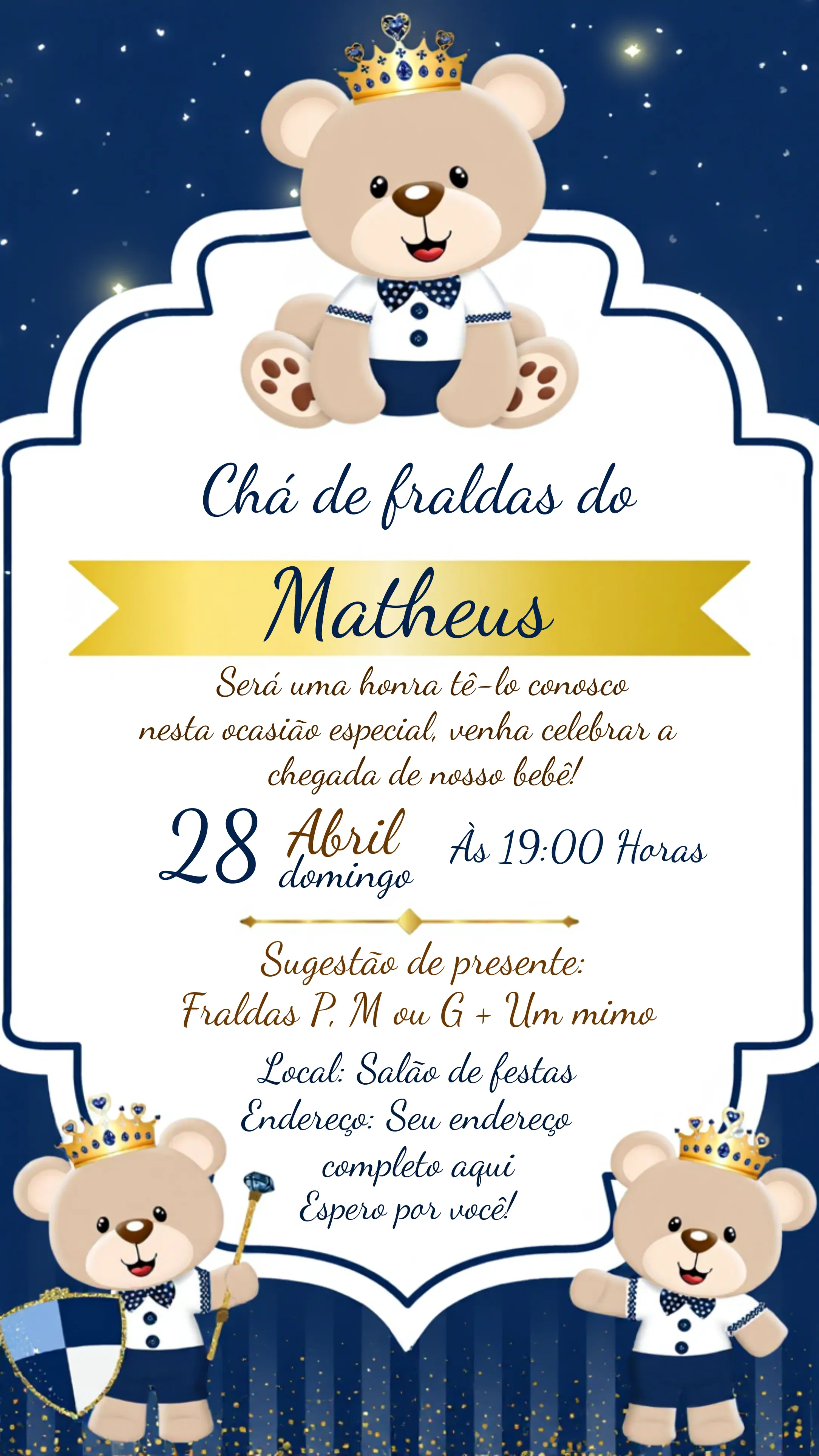 Convite Para Chá De Fraldas Ursinho Príncipe Azul editável e personalizável
