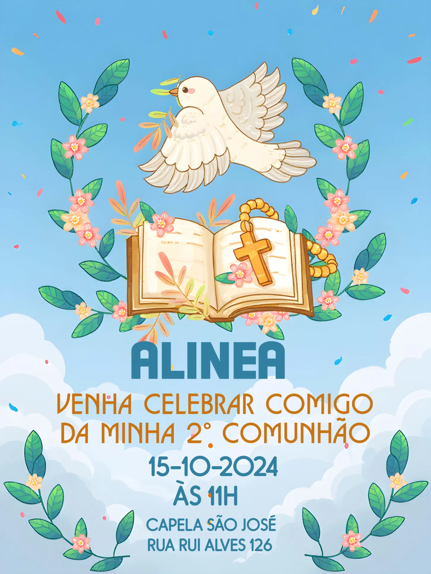 Convite Para Primeira Eucaristia Comunhão editável e personalizável