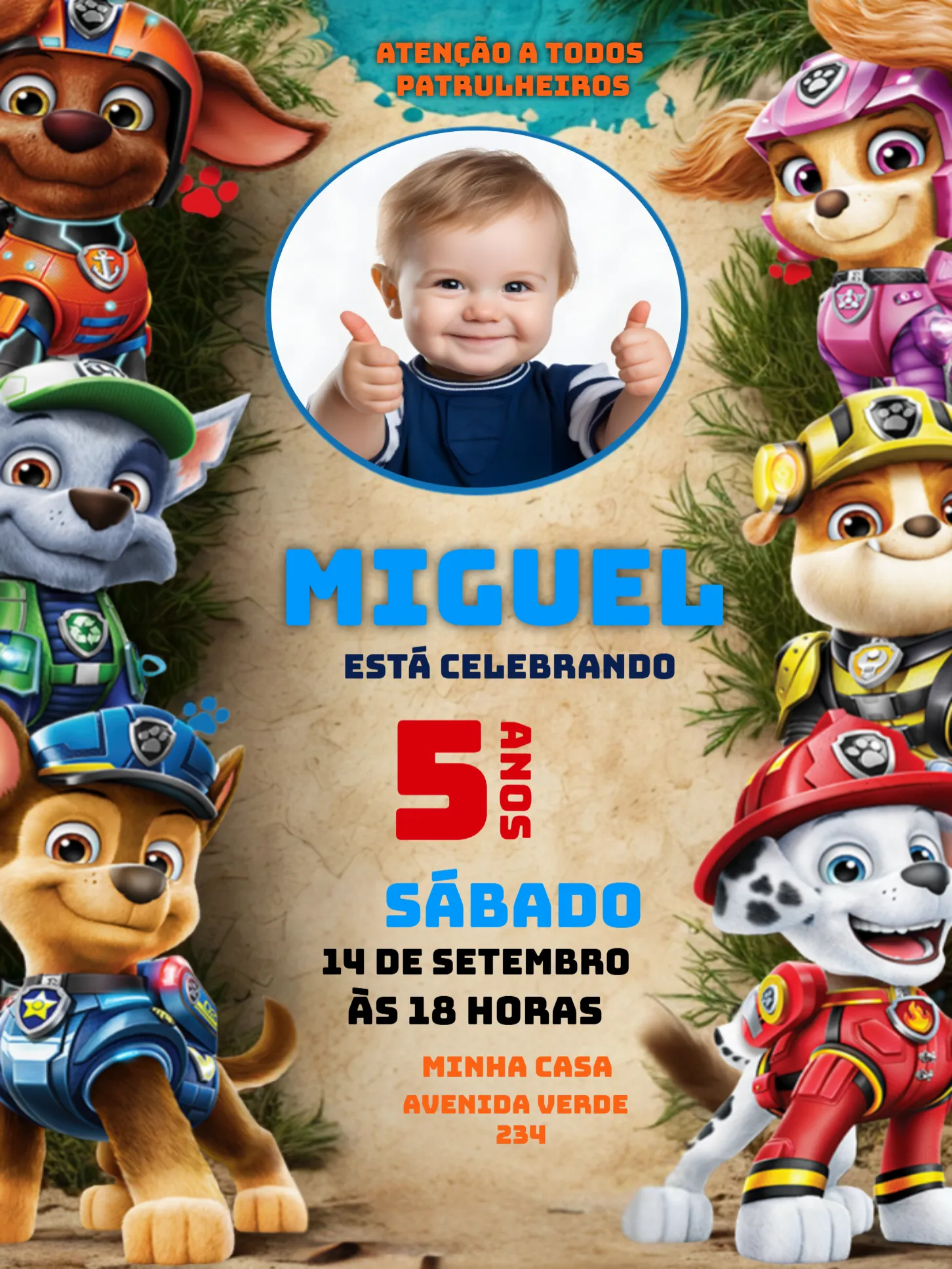 Convite Patrulha Canina Com Foto Infantil para aniversário infantil