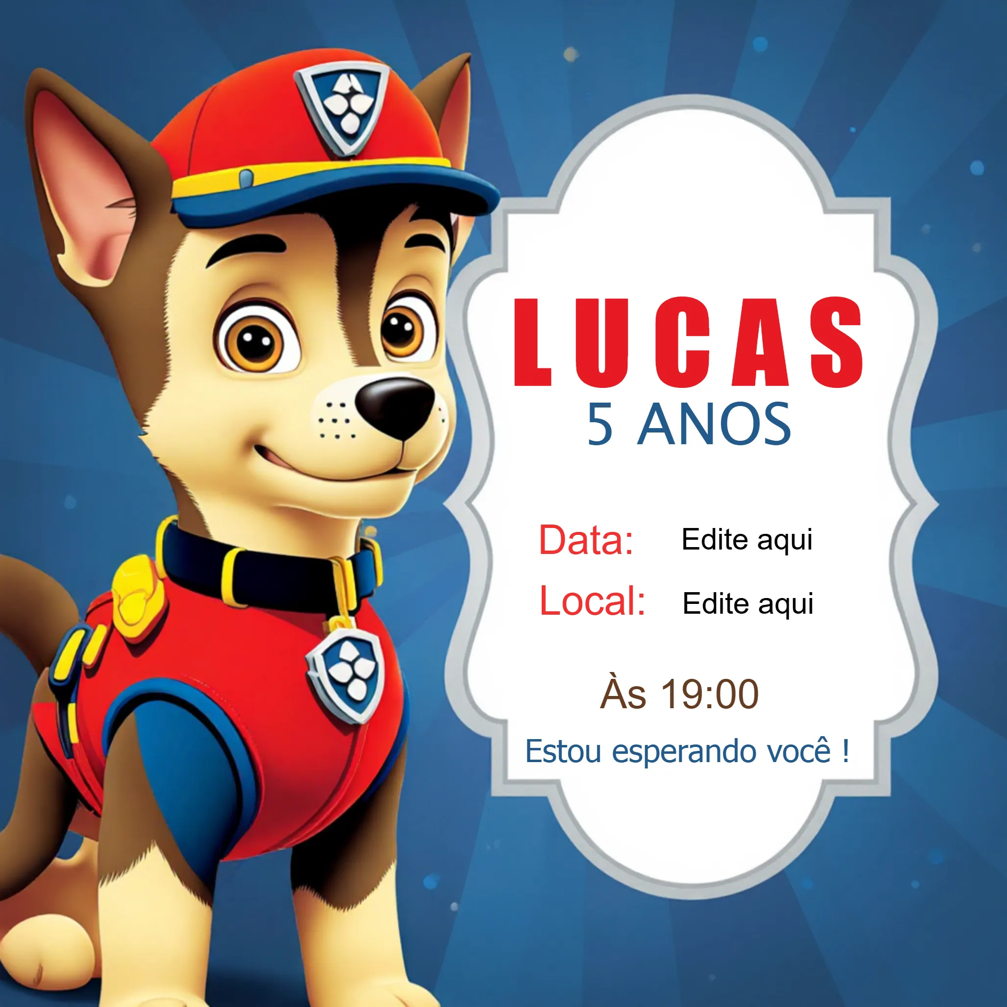 Convite Patrulha Canina Infantil para aniversário infantil