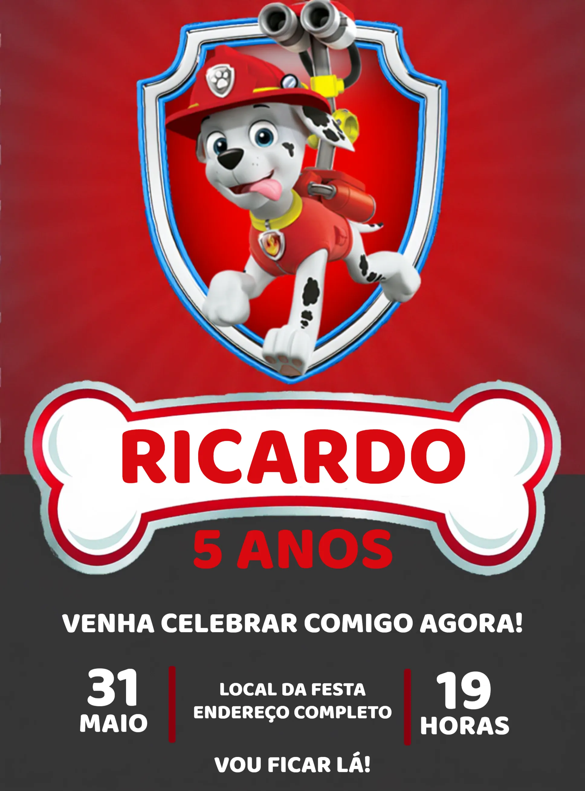 Convite Patrulha Canina Marshall Patrol para aniversário infantil