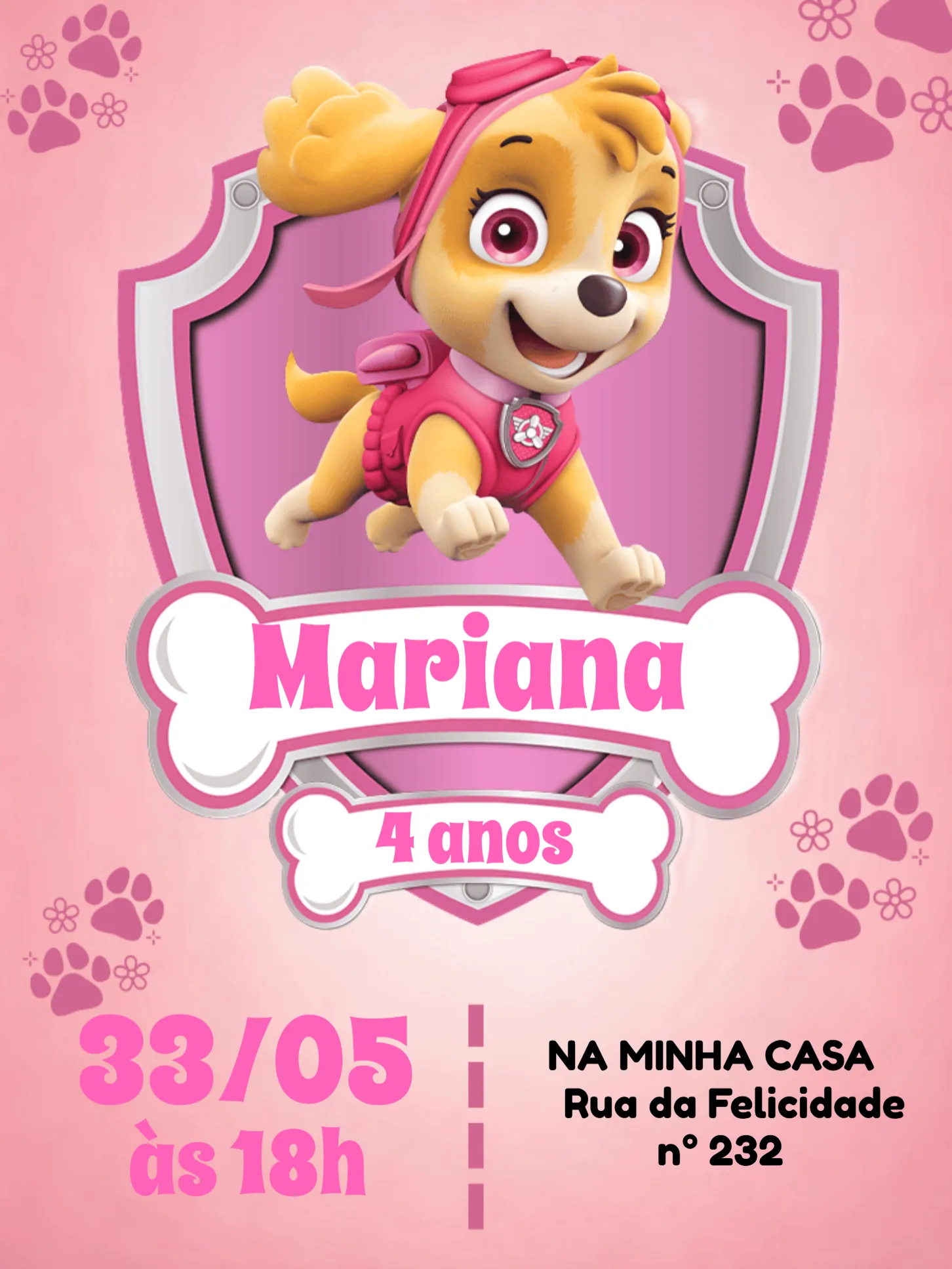 Convite Patrulha Canina Skye editável e personalizável