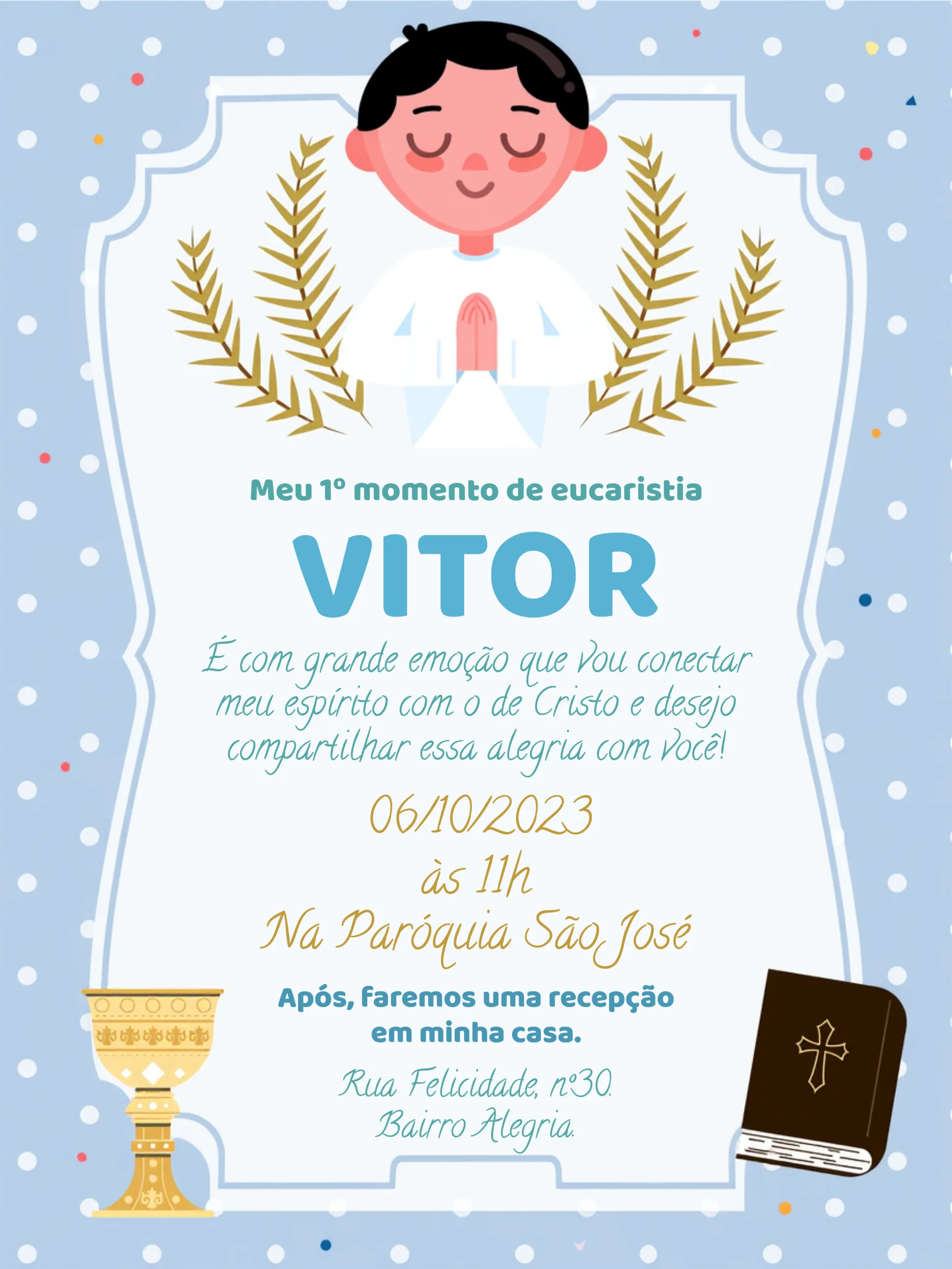 Convite Primeira Comunhão Igreja editável e personalizável