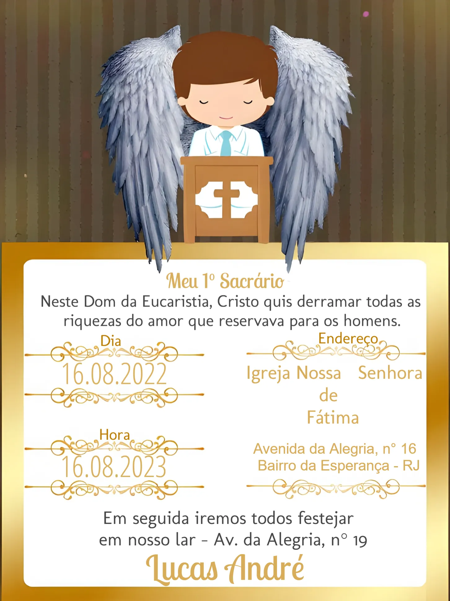 Convite Primeira Eucaristia Dourado para primeira comunhão