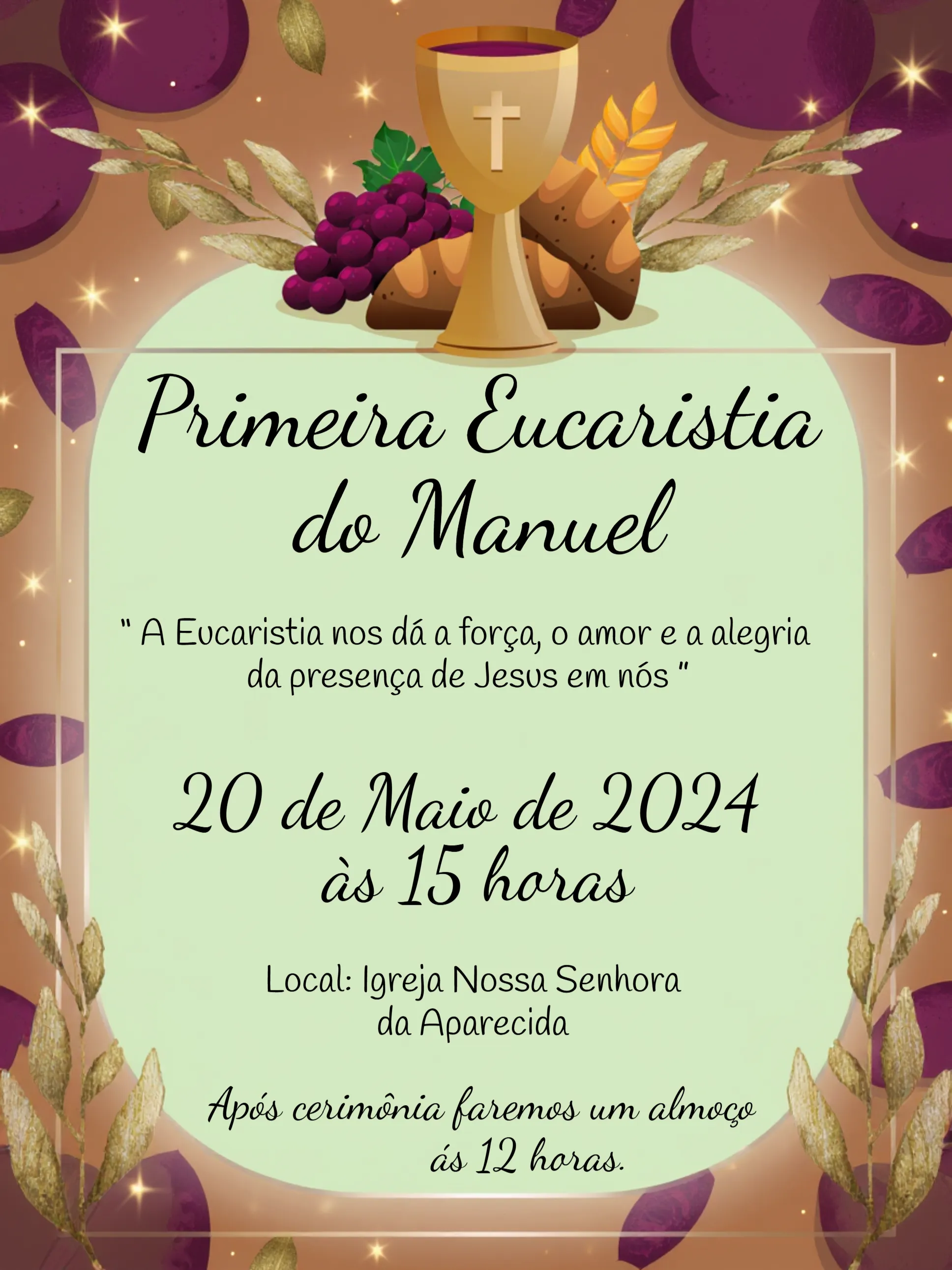 Convite Primeira Eucaristia Dourado editável e personalizável
