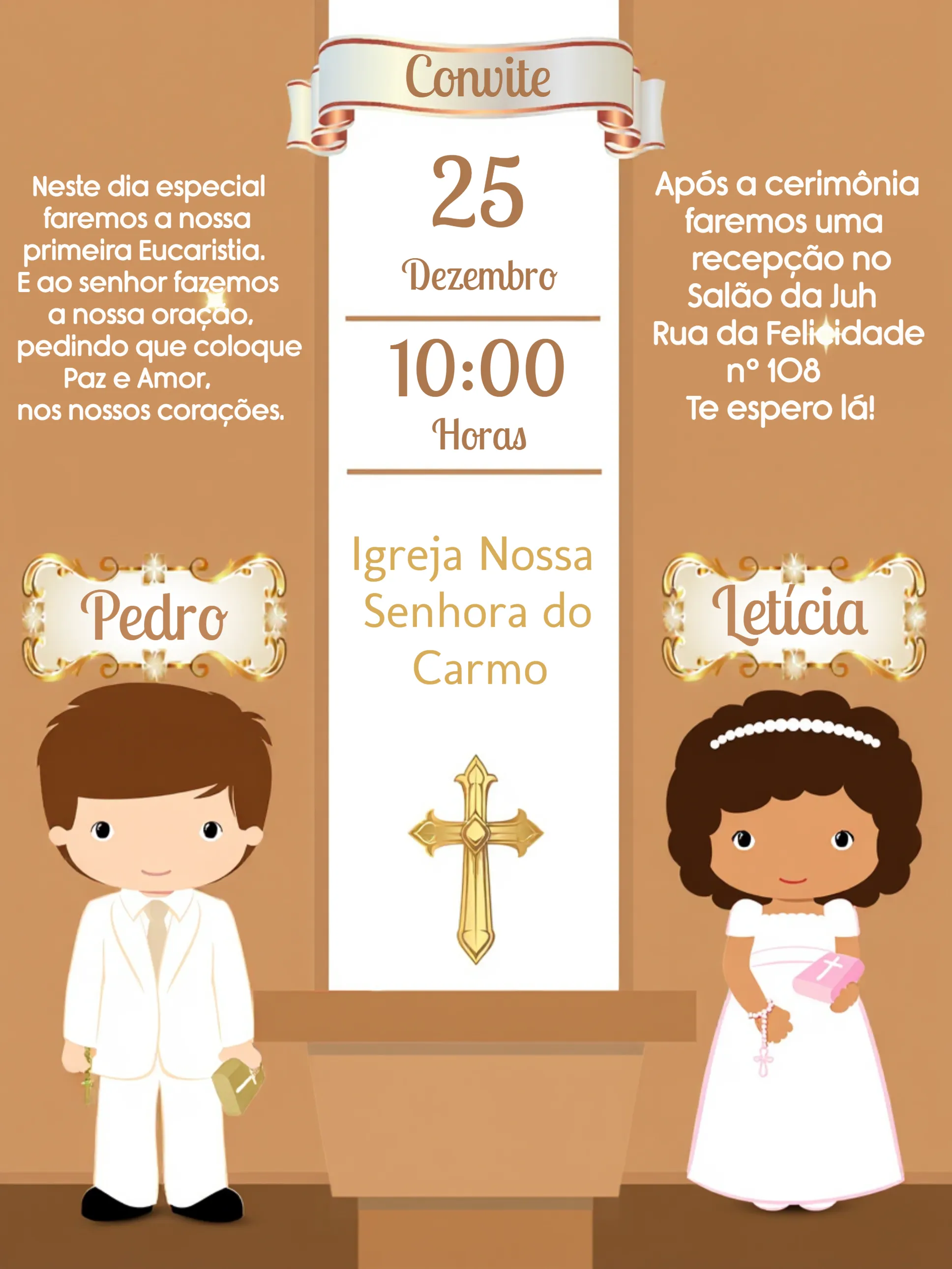 Convite Primeira Eucaristia Marrom editável e personalizável