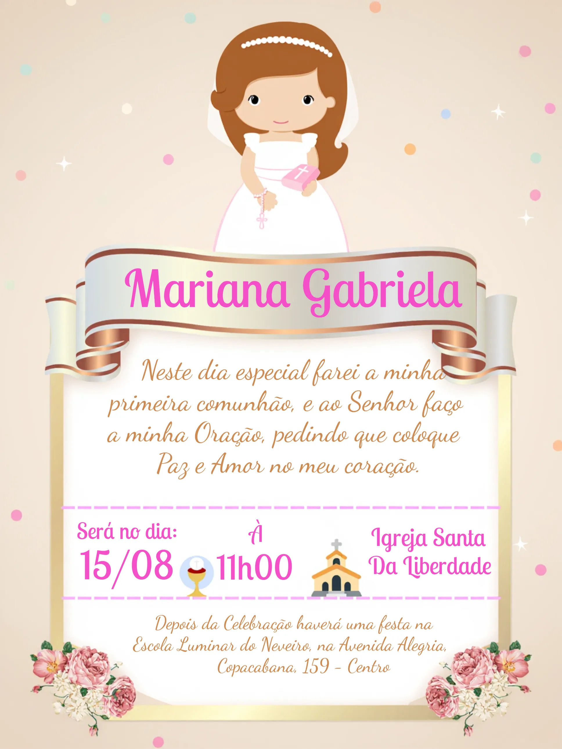 Convite Primeira Eucaristia Moldura editável e personalizável