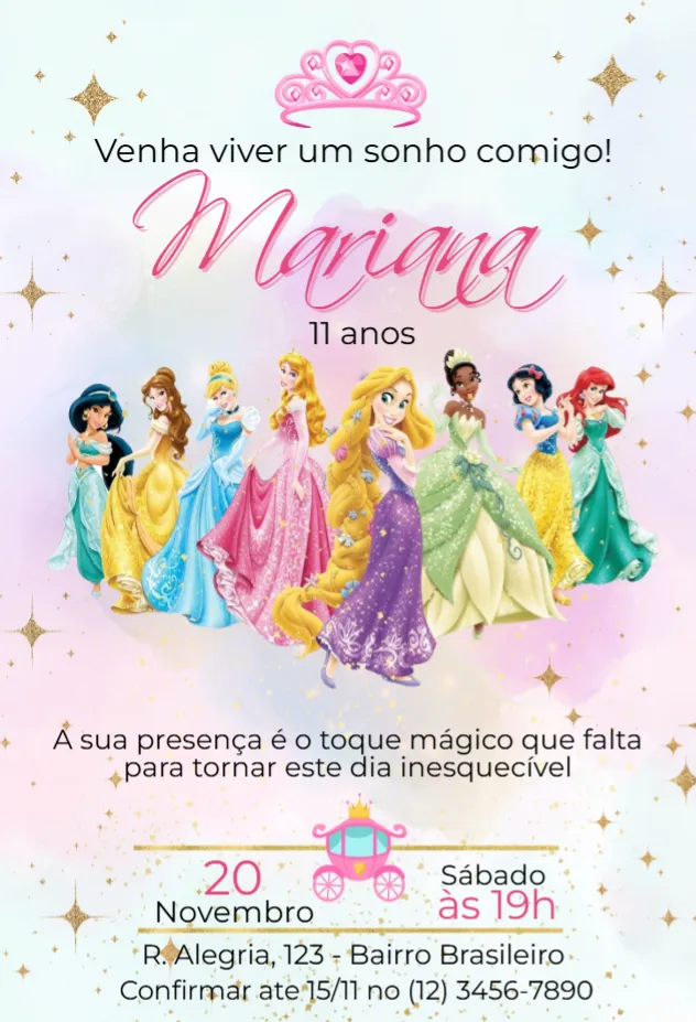 Convite Princesas editável e personalizável